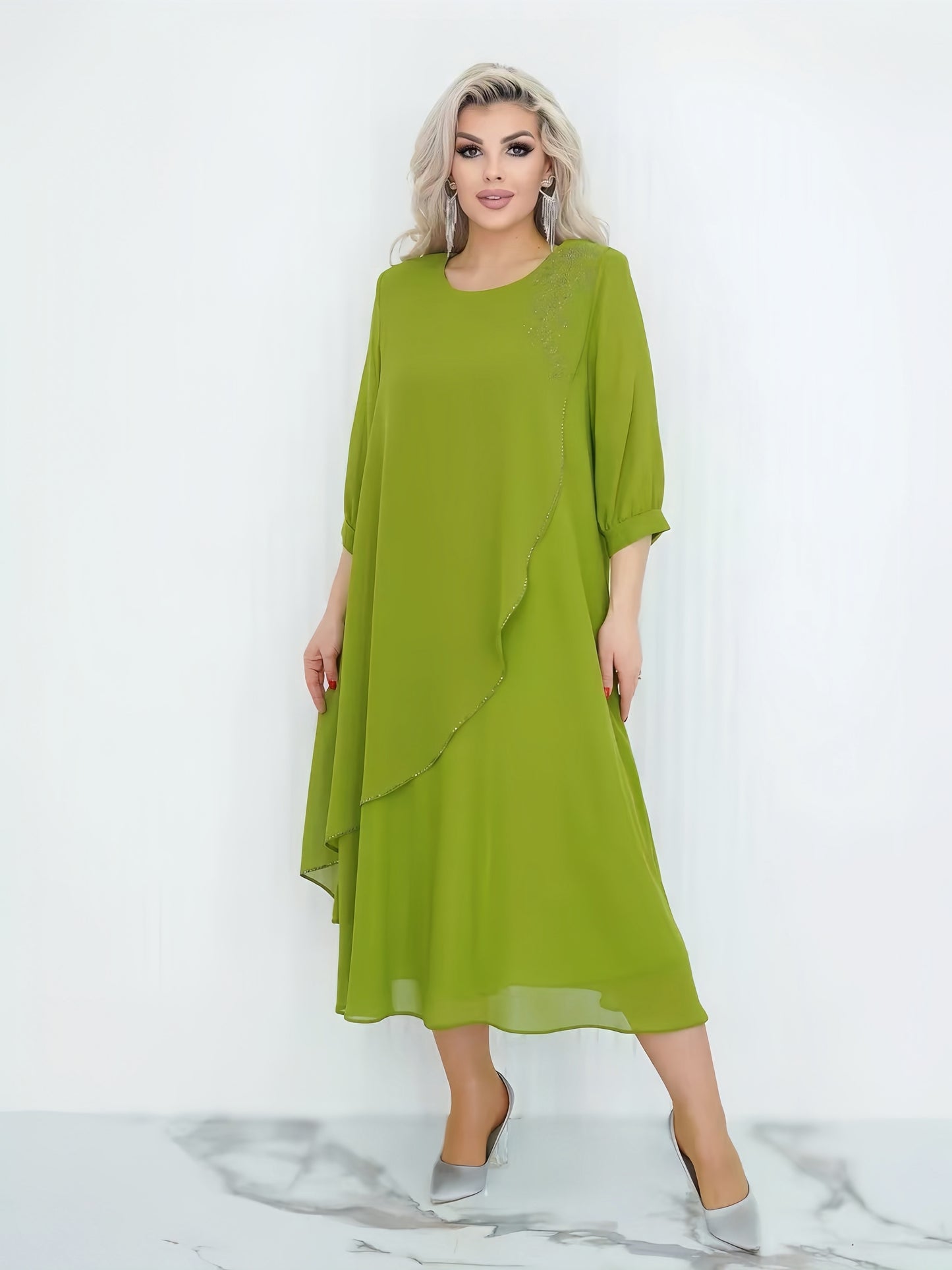 【2024-S-5XL】Nouă modă casual mare pentru femei Dezleagă, împletită, cu diamante, rochie