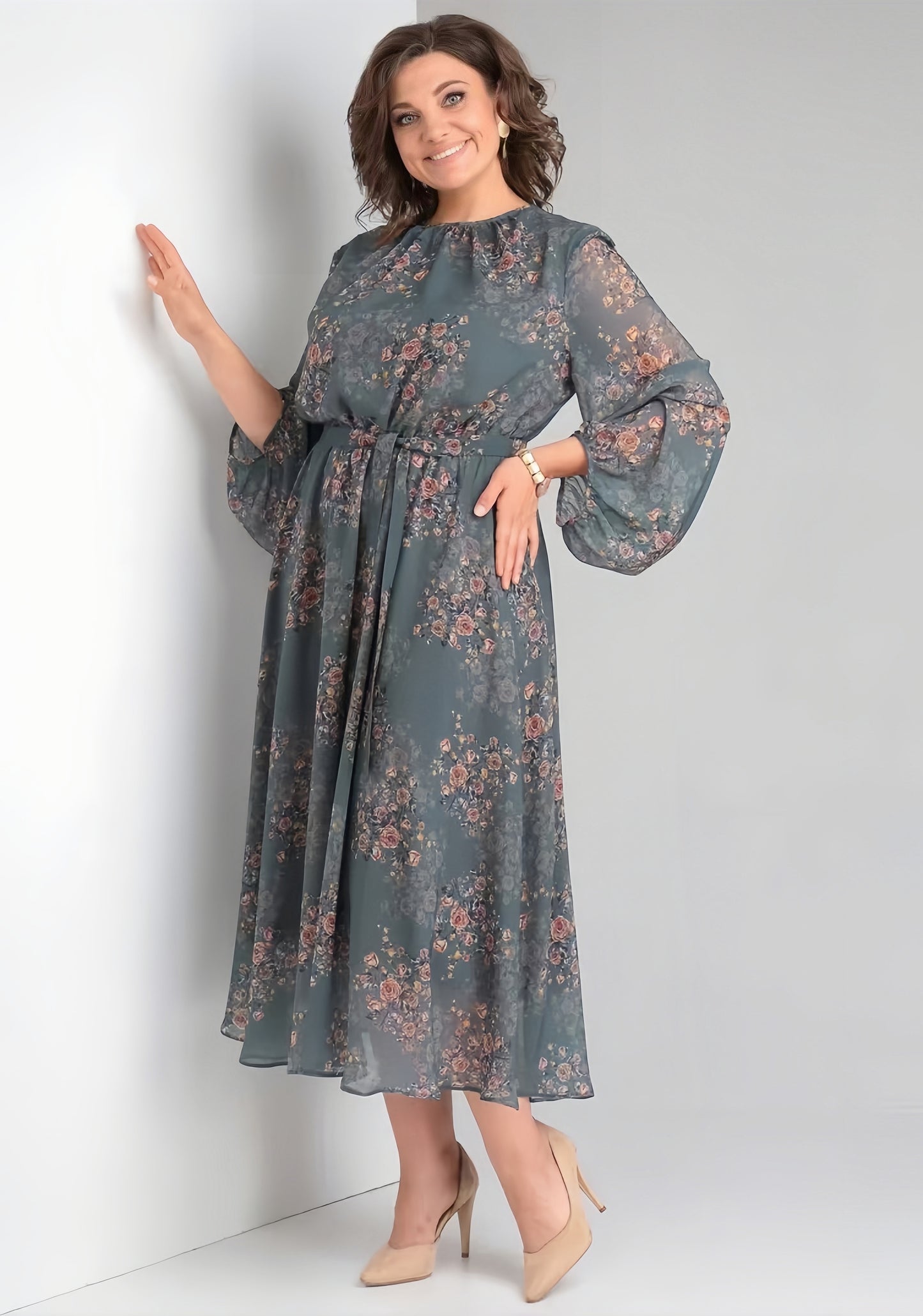 【2024-S-5XL】Rochii lungi florale cu gât rotund pentru femei cu temperament lejer