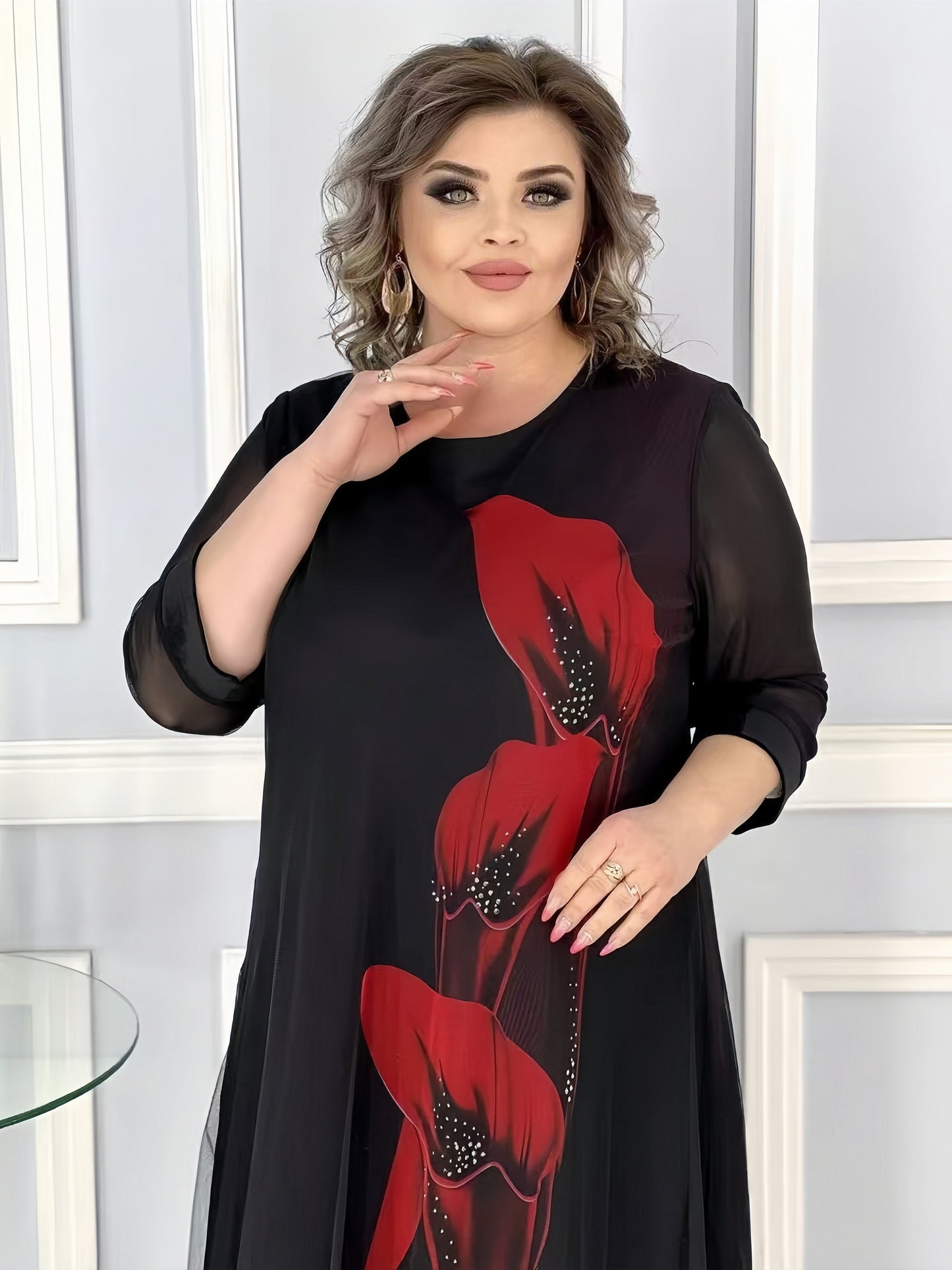 【2024-S-5XL】Rochii noi plus size, din plasă, cu gât rotund, imprimate