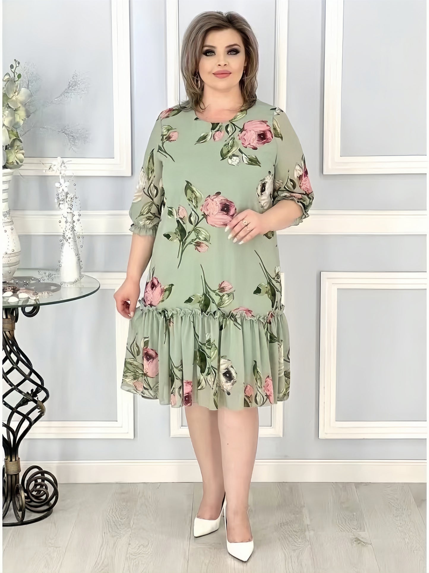 【2024-S-5XL】Nou Plus Dimensiune cinci puncte maneca Patchwork maneca sifon rochii