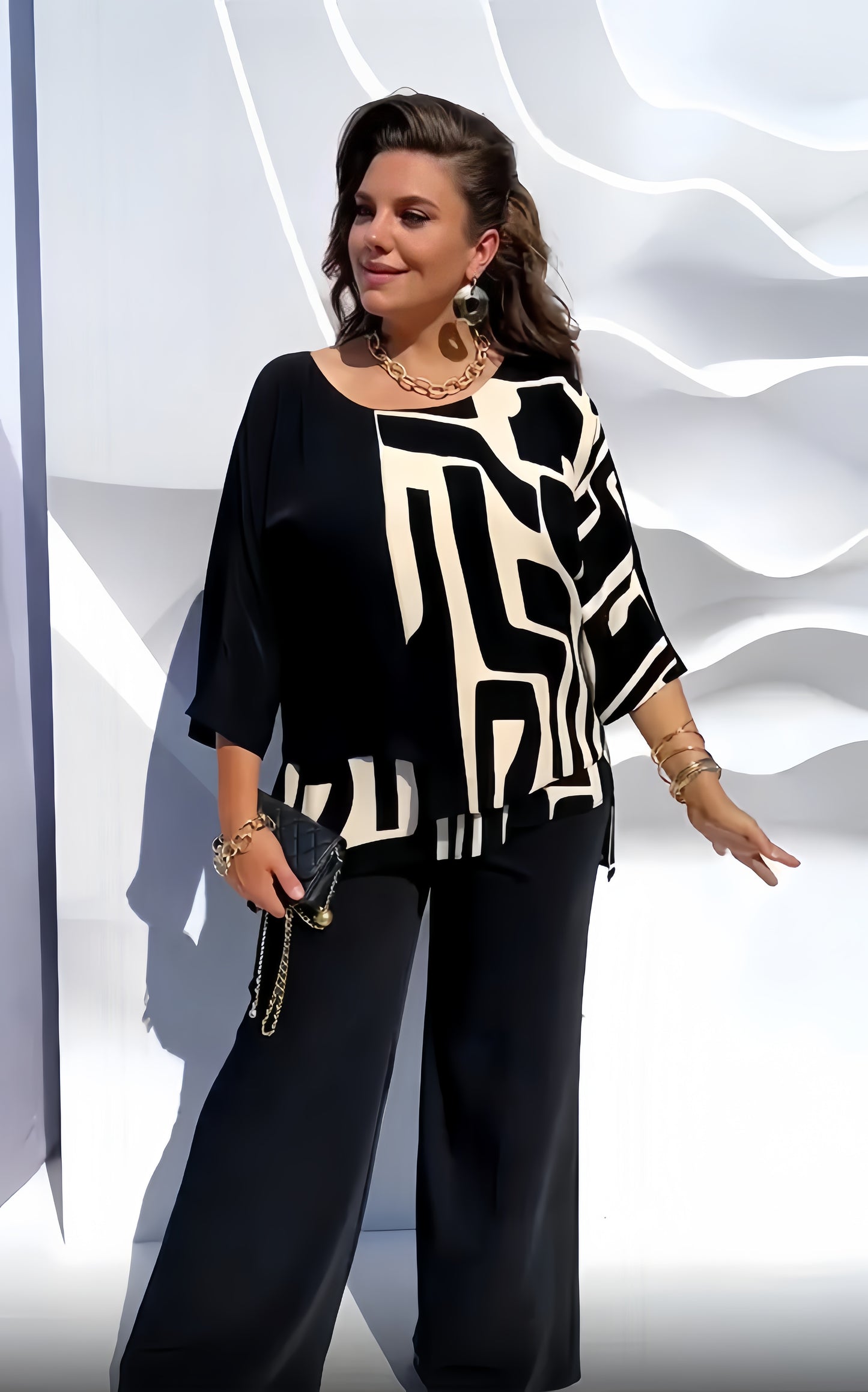【2024-S-5XL】Noul top cu gât rotund, imprimat retro, cu patchwork lejer