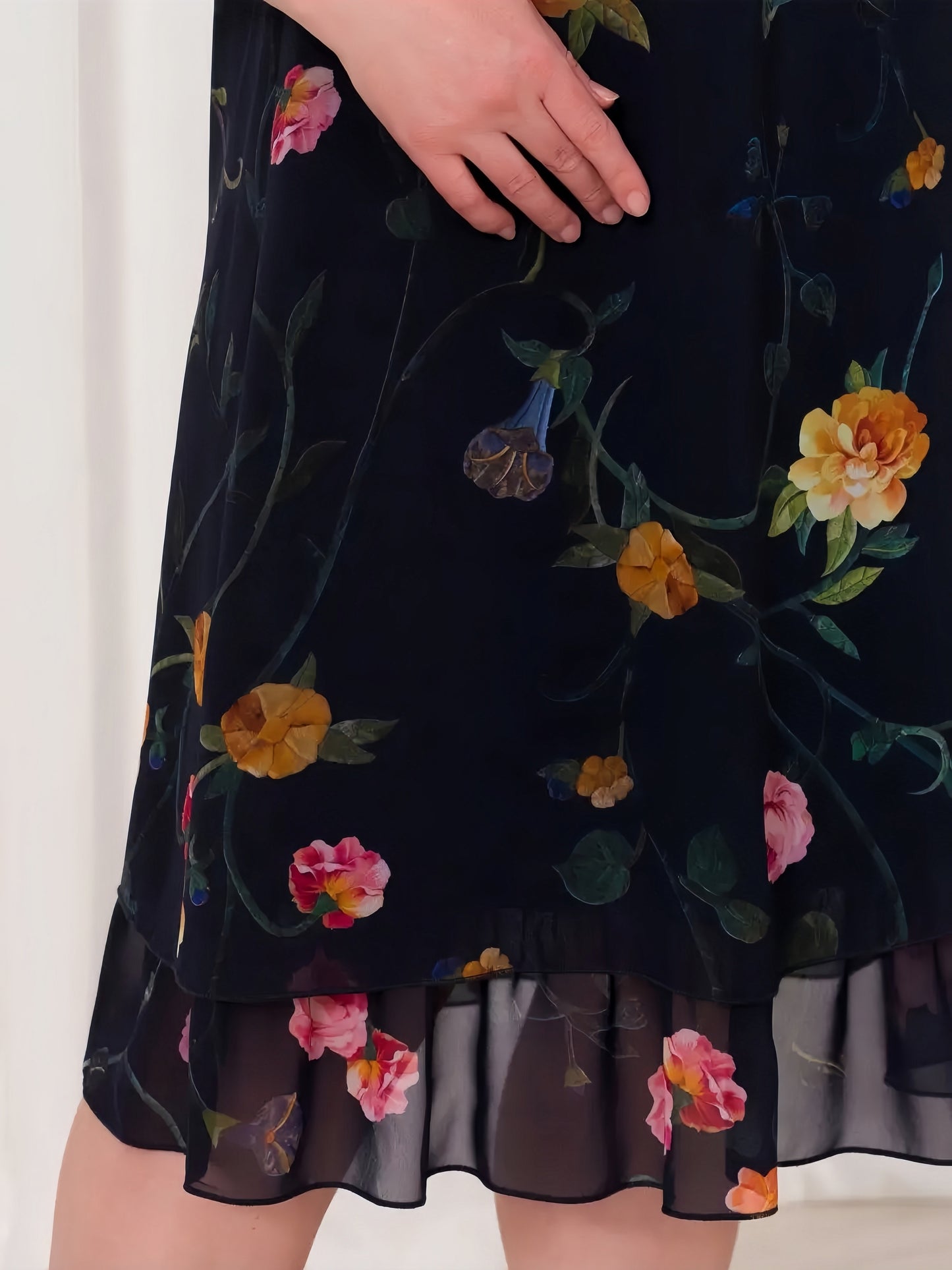 【2024-S5XL】Noua temperament navetist, florale gât rotund, vrac jumătate de maneca, rochii de sifon