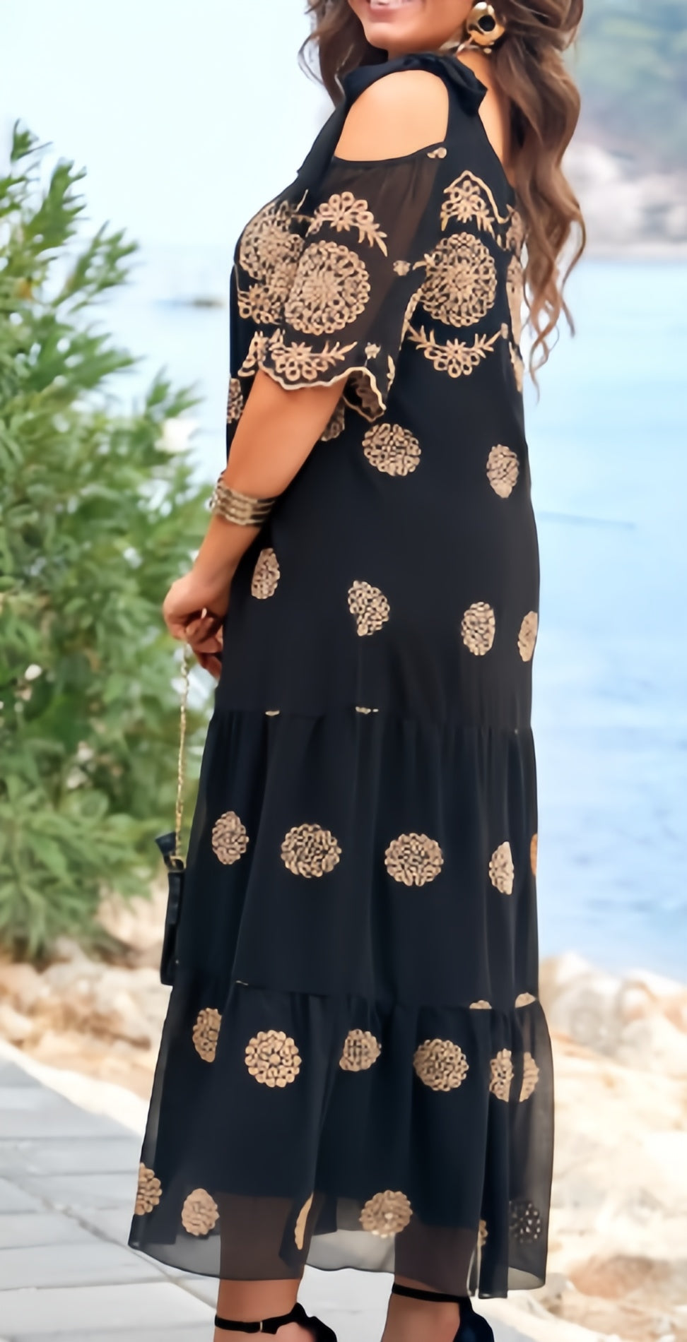 【2024-S-5XL】Moda nou hollow cu mânecă scurtă vrac genunchi lungime rochii imprimate