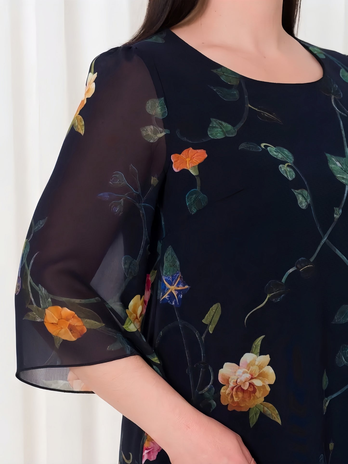 【2024-S5XL】Noua temperament navetist, florale gât rotund, vrac jumătate de maneca, rochii de sifon
