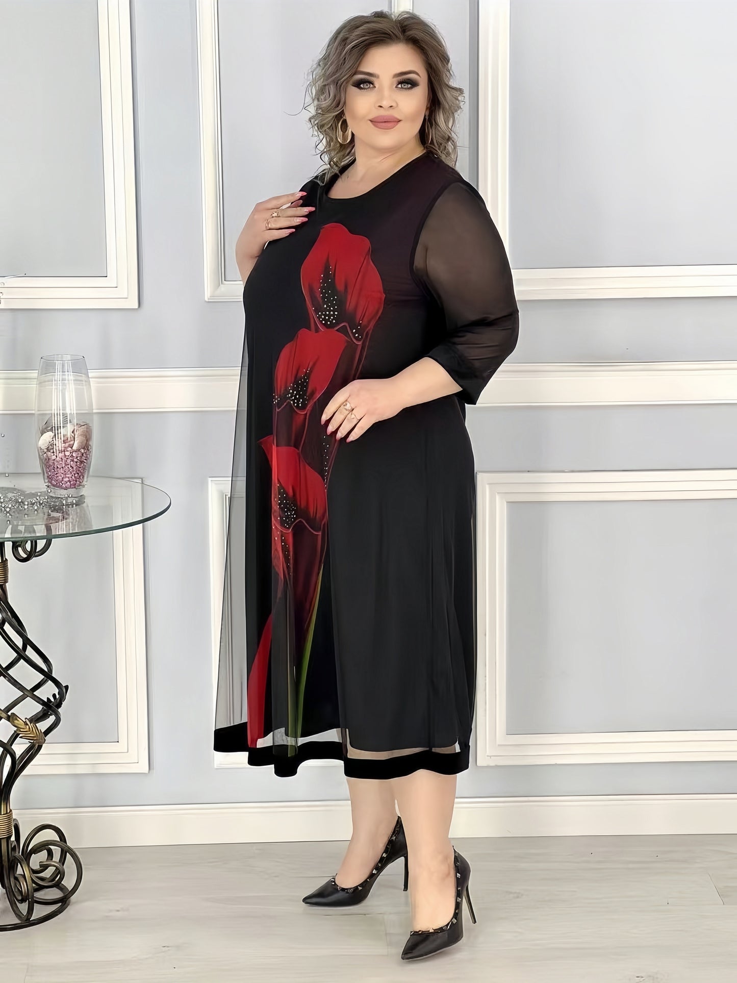 【2024-S-5XL】Rochii noi plus size, din plasă, cu gât rotund, imprimate