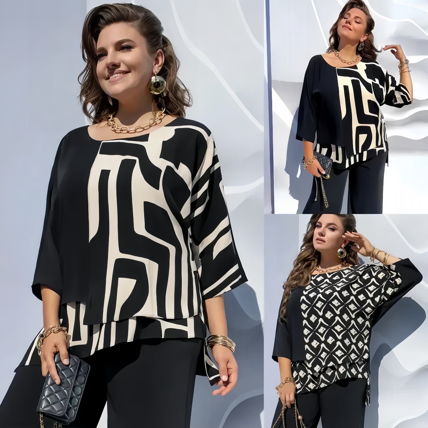 【2024-S-5XL】Noul top cu gât rotund, imprimat retro, cu patchwork lejer
