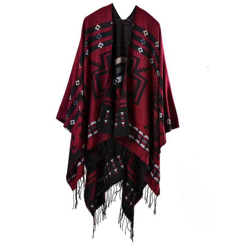【2024】Cross Plum Tassel, lungit Faux Cashmere șal etnic, Popular Fashion Open Scarf