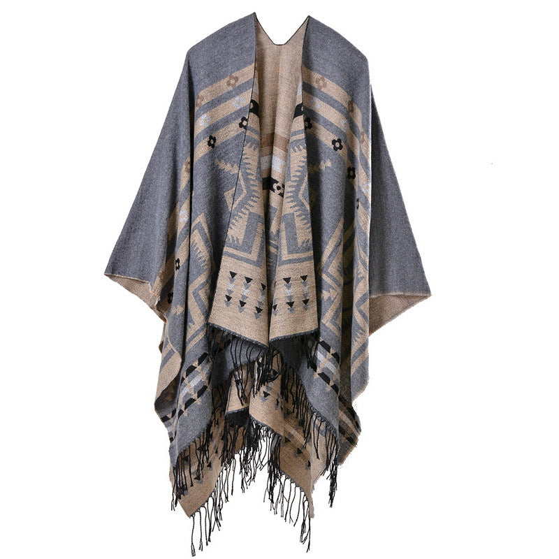 【2024】Cross Plum Tassel, lungit Faux Cashmere șal etnic, Popular Fashion Open Scarf