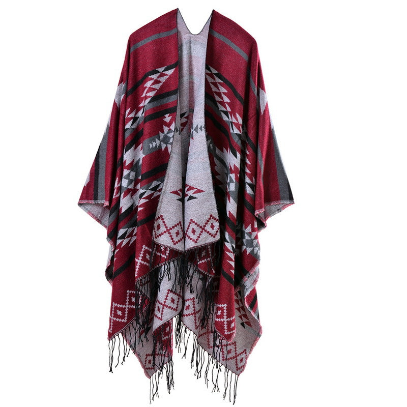 【2024】Cross Plum Tassel, lungit Faux Cashmere șal etnic, Popular Fashion Open Scarf