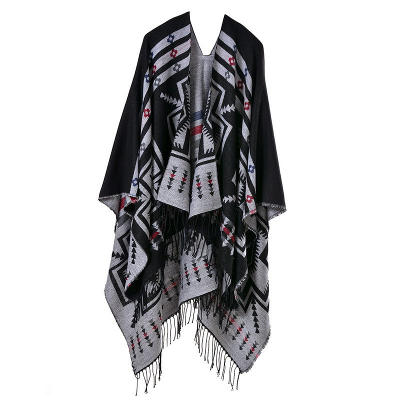 【2024】Cross Plum Tassel, lungit Faux Cashmere șal etnic, Popular Fashion Open Scarf