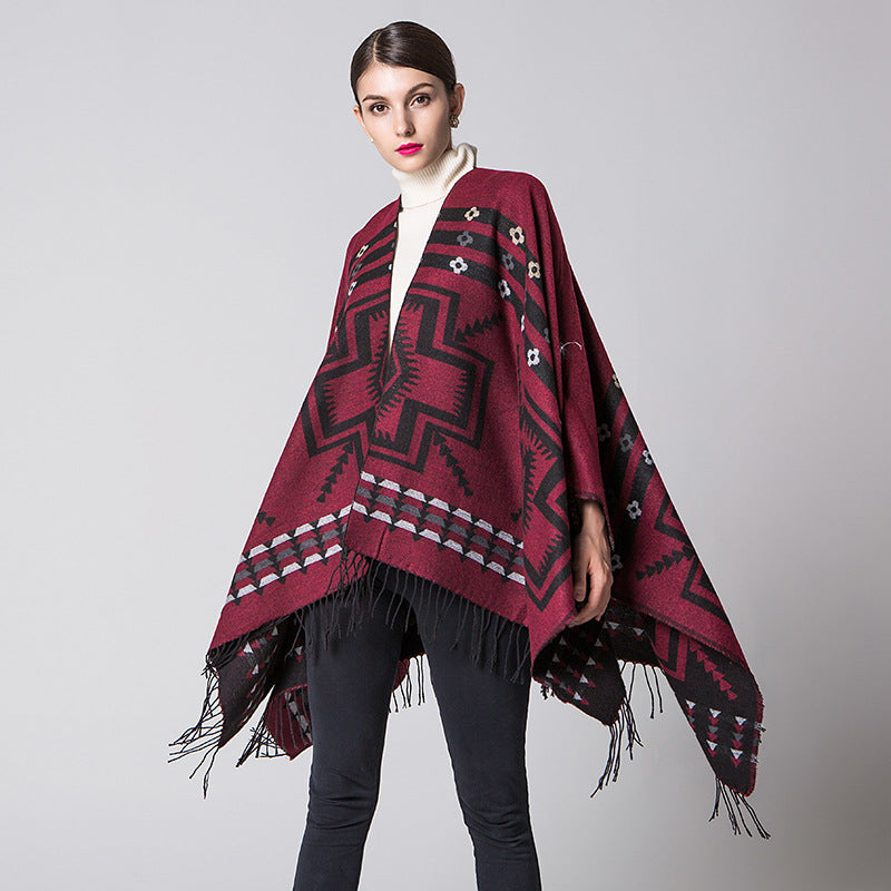 【2024】Cross Plum Tassel, lungit Faux Cashmere șal etnic, Popular Fashion Open Scarf