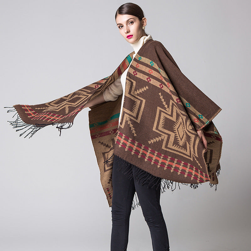 【2024】Cross Plum Tassel, lungit Faux Cashmere șal etnic, Popular Fashion Open Scarf