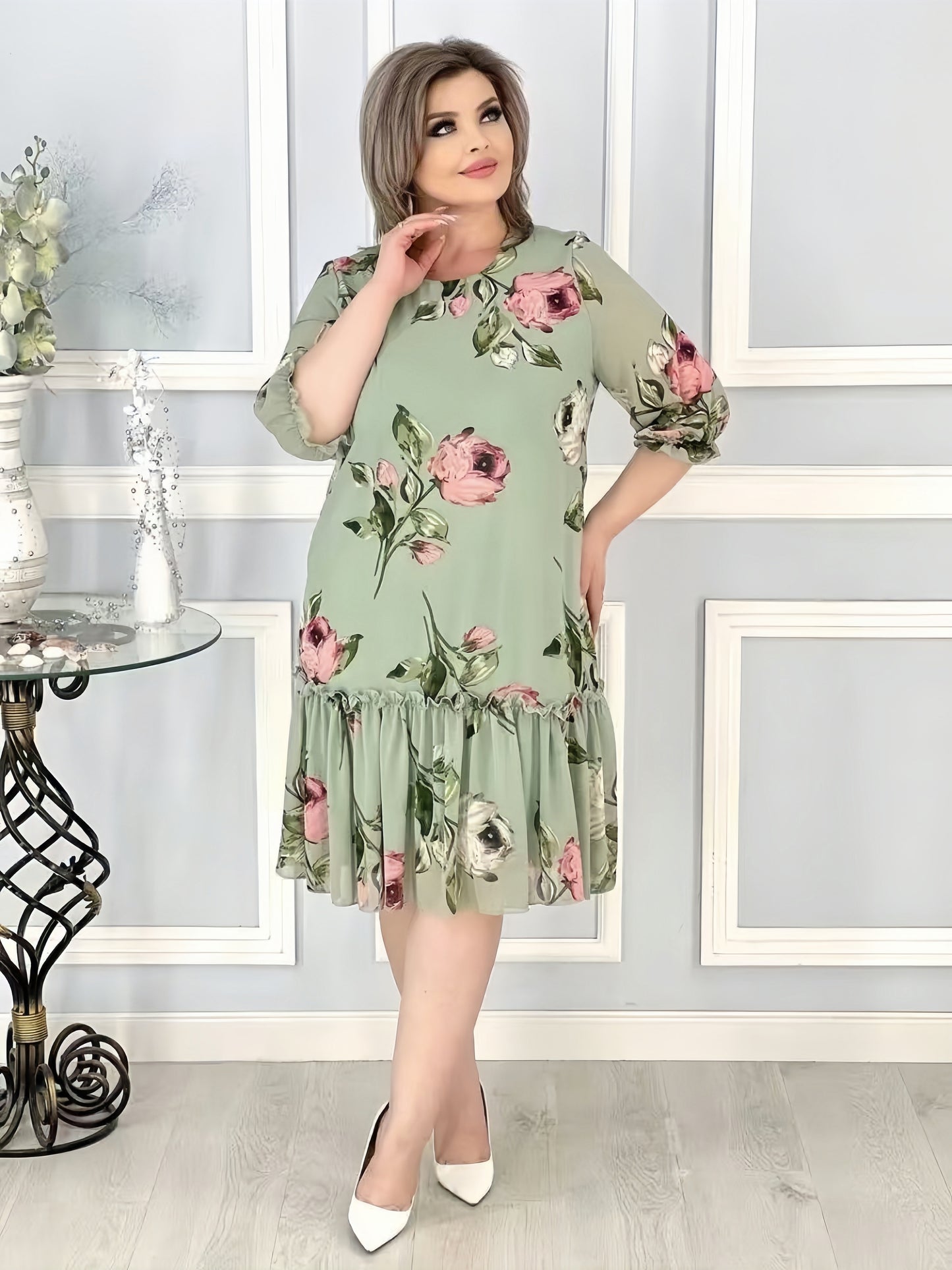 【2024-S-5XL】Nou Plus Dimensiune cinci puncte maneca Patchwork maneca sifon rochii