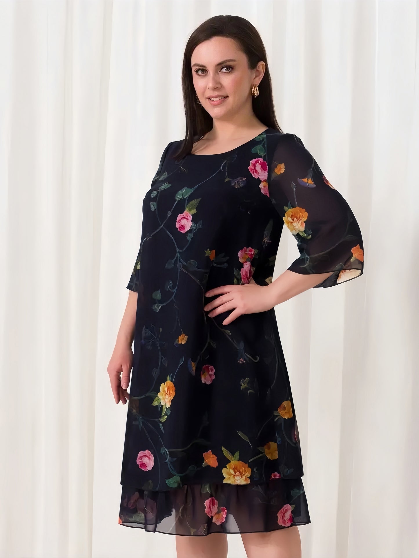 【2024-S5XL】Noua temperament navetist, florale gât rotund, vrac jumătate de maneca, rochii de sifon