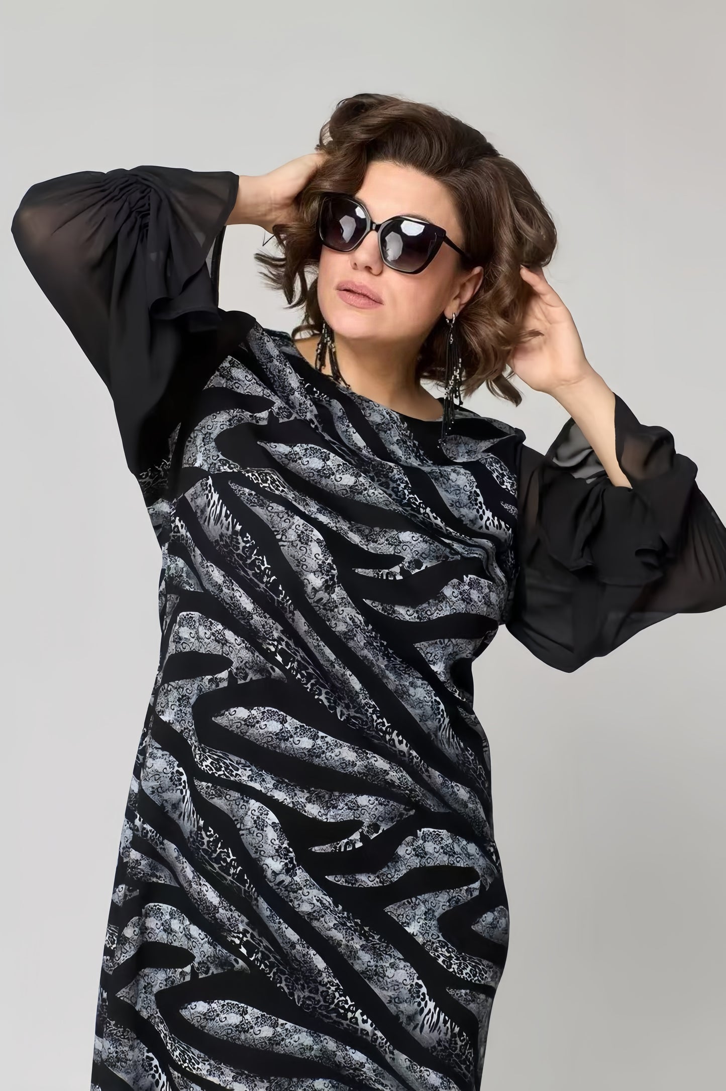 【2024-S-5XL】Rochie cu mânecă lungă, imprimată, cu paiete, din tifon, Slim Fit