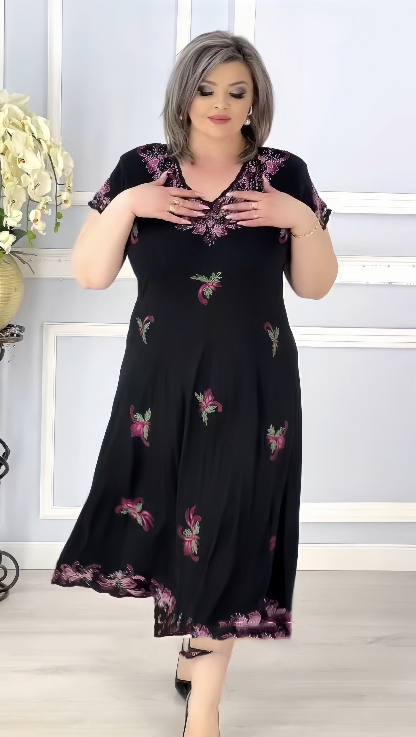 【2024-S-5XL】Rochii de dantelă imprimate și brodate la modă pentru femei de vârstă mijlocie
