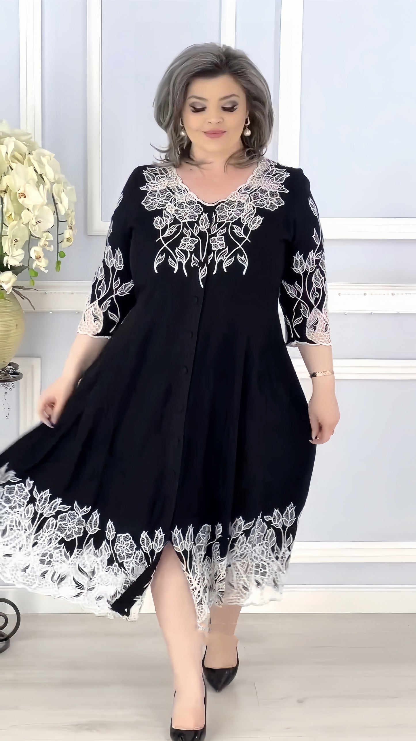 【2024-S-5XL】Vara noi femei V-neck cu mânecă scurtă broderie rochii de dimensiuni mari