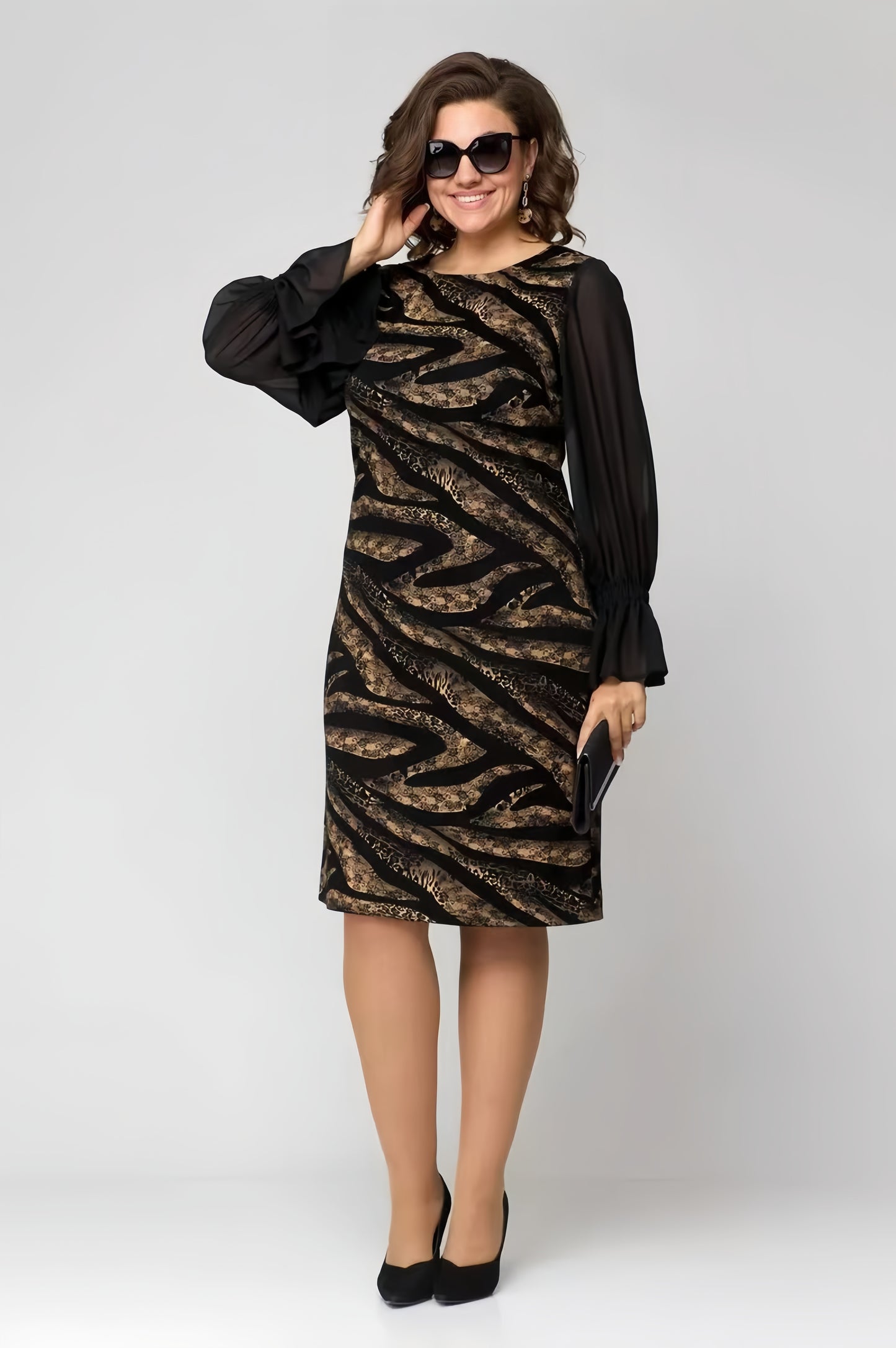 【2024-S-5XL】Rochie cu mânecă lungă, imprimată, cu paiete, din tifon, Slim Fit