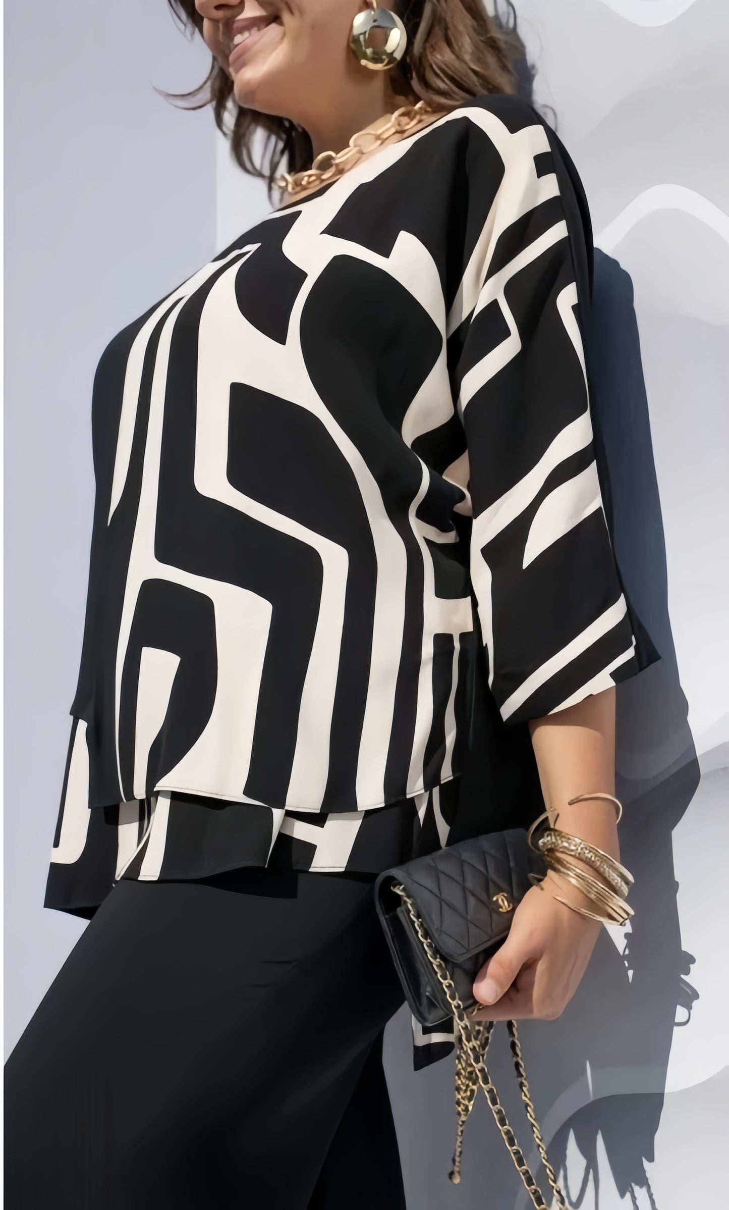 【2024-S-5XL】Noul top cu gât rotund, imprimat retro, cu patchwork lejer