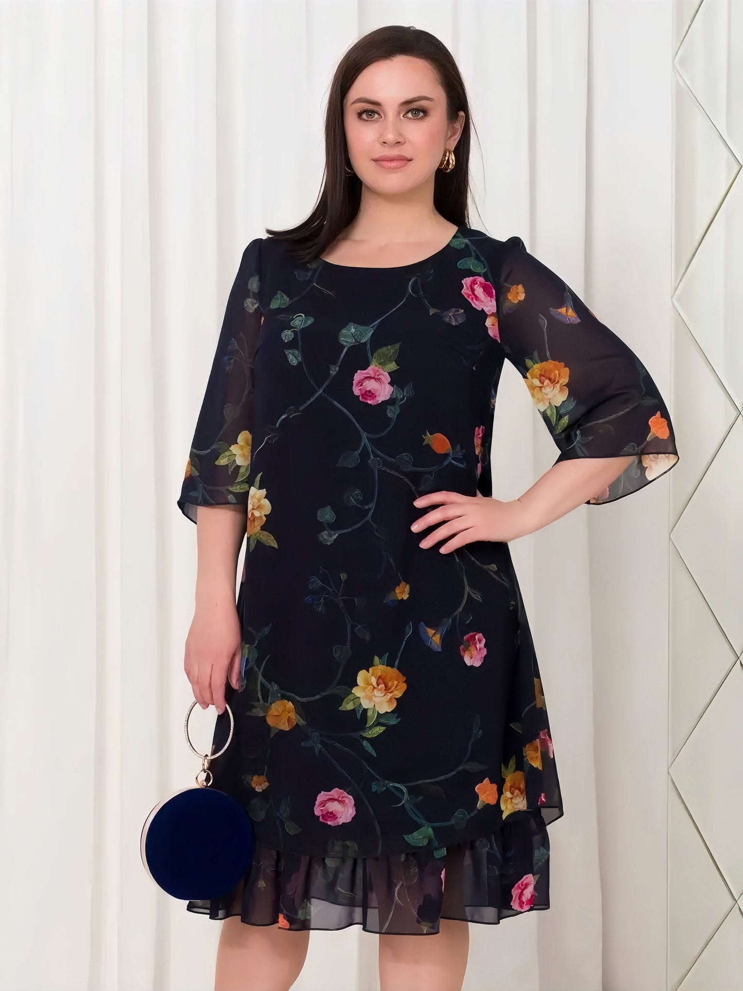 【2024-S5XL】Noua temperament navetist, florale gât rotund, vrac jumătate de maneca, rochii de sifon