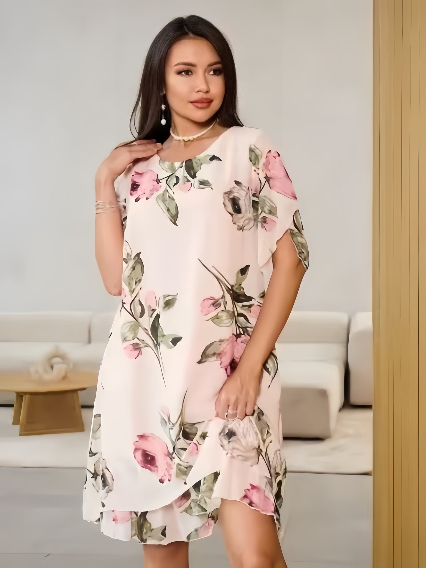 【2024-S-5XL】Noi rochii largi, cu gât rotund, moda sifon print