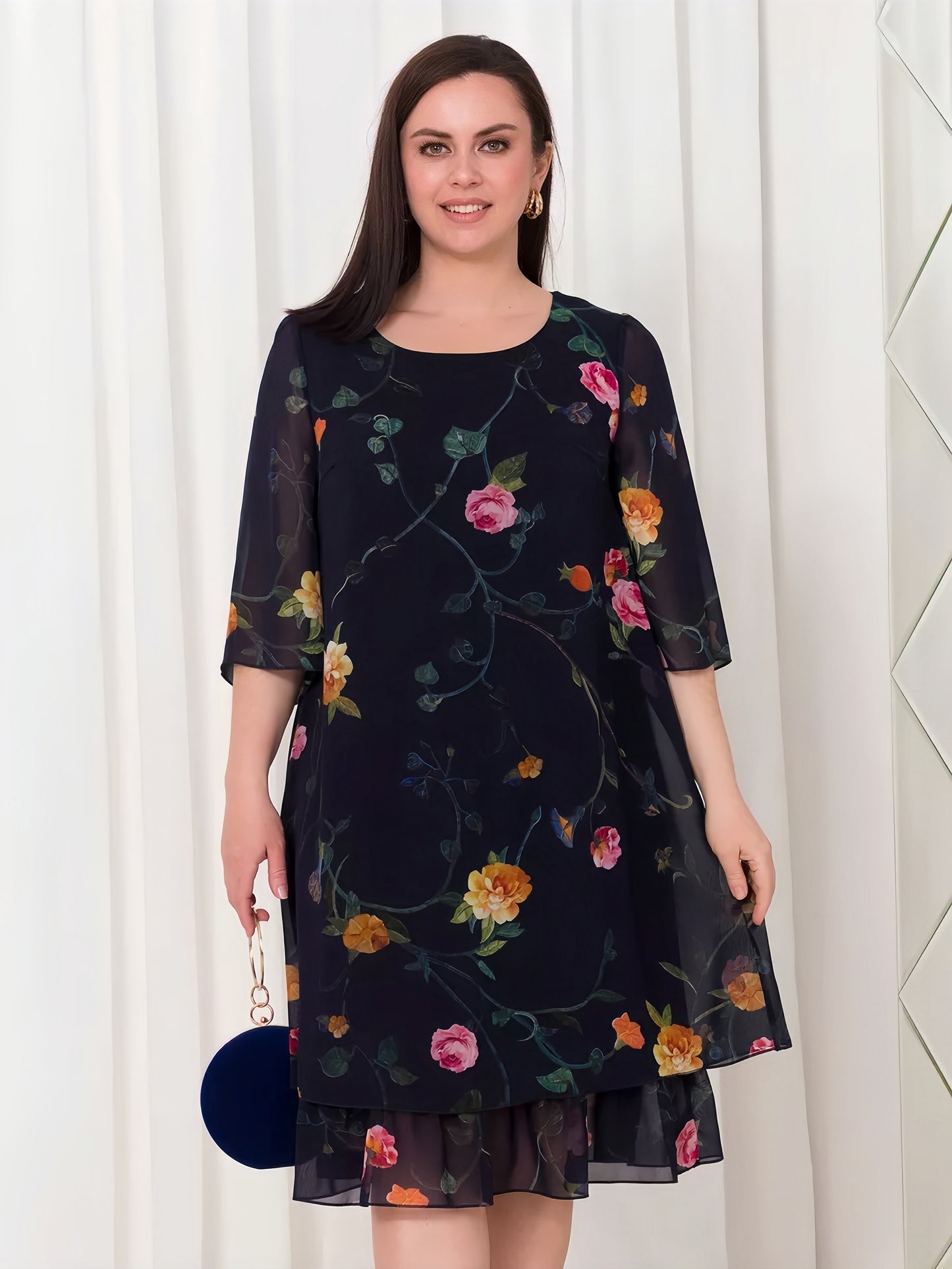 【2024-S5XL】Noua temperament navetist, florale gât rotund, vrac jumătate de maneca, rochii de sifon