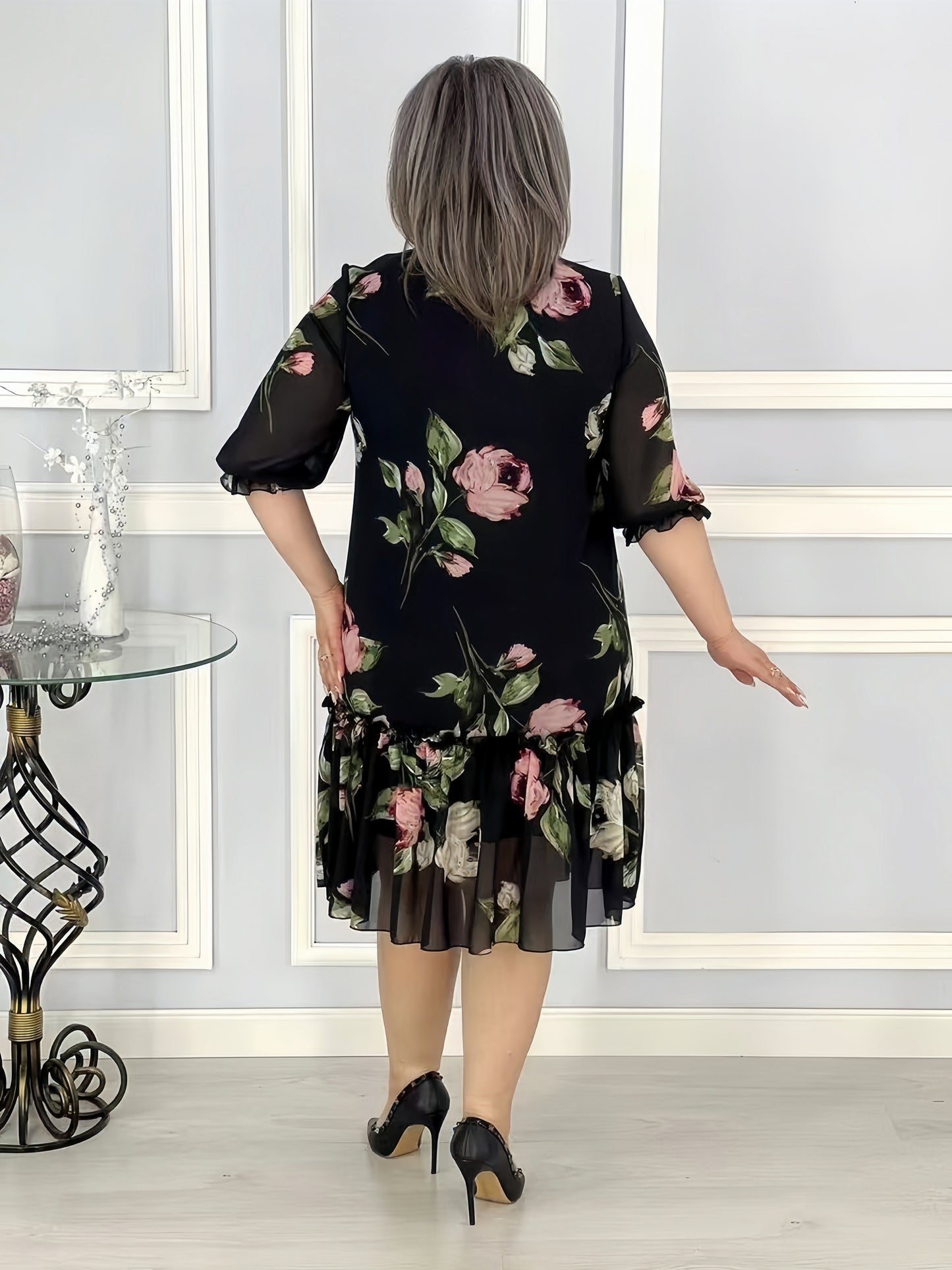 【2024-S-5XL】Nou Plus Dimensiune cinci puncte maneca Patchwork maneca sifon rochii