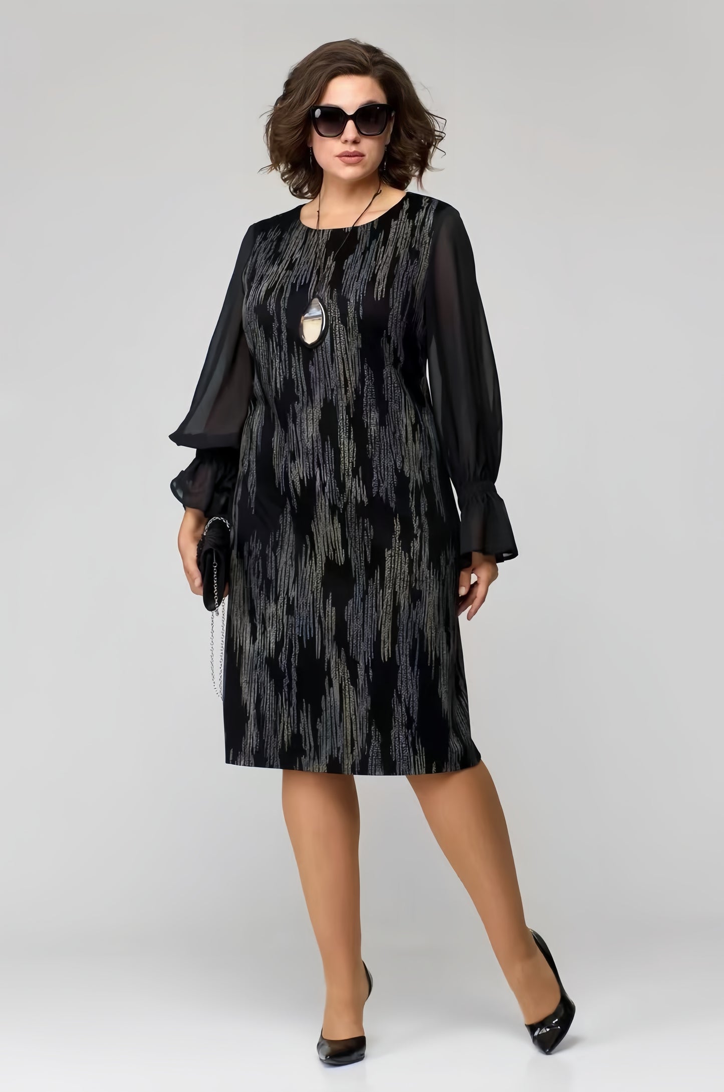 【2024-S-5XL】Rochie cu mânecă lungă, imprimată, cu paiete, din tifon, Slim Fit