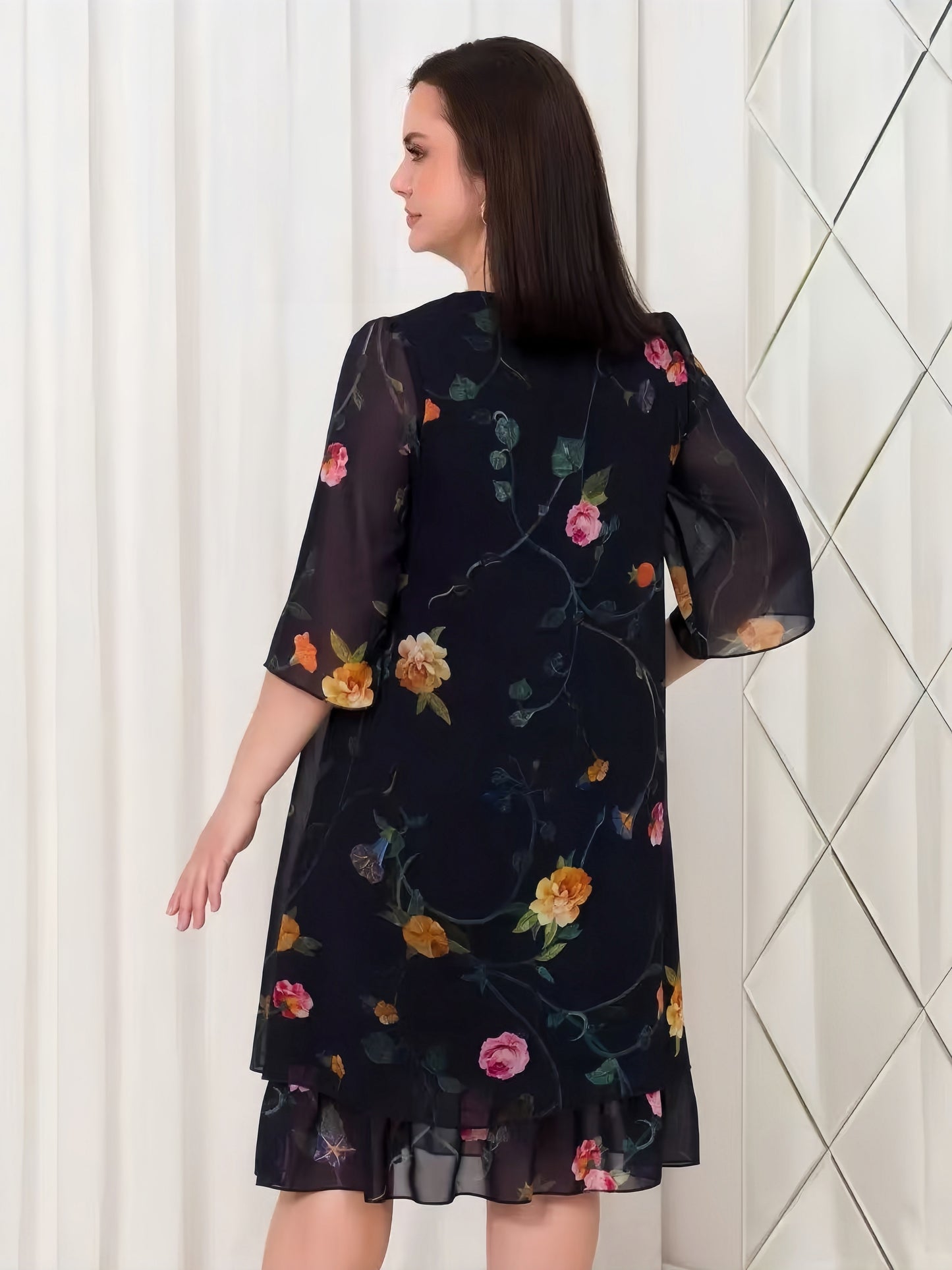 【2024-S5XL】Noua temperament navetist, florale gât rotund, vrac jumătate de maneca, rochii de sifon