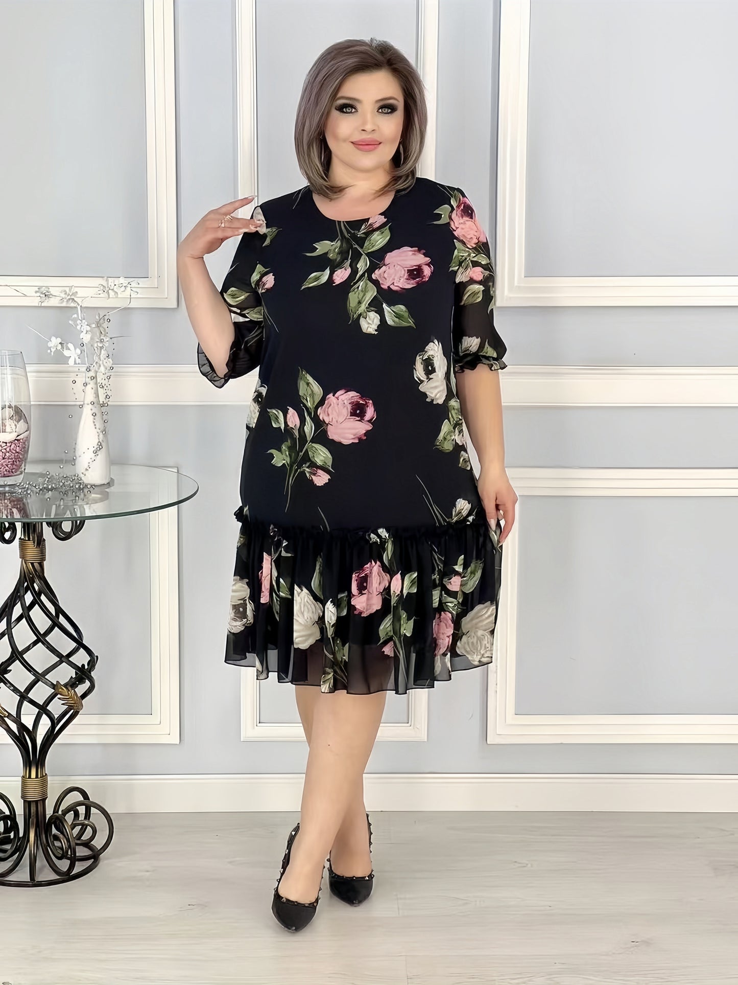 【2024-S-5XL】Nou Plus Dimensiune cinci puncte maneca Patchwork maneca sifon rochii