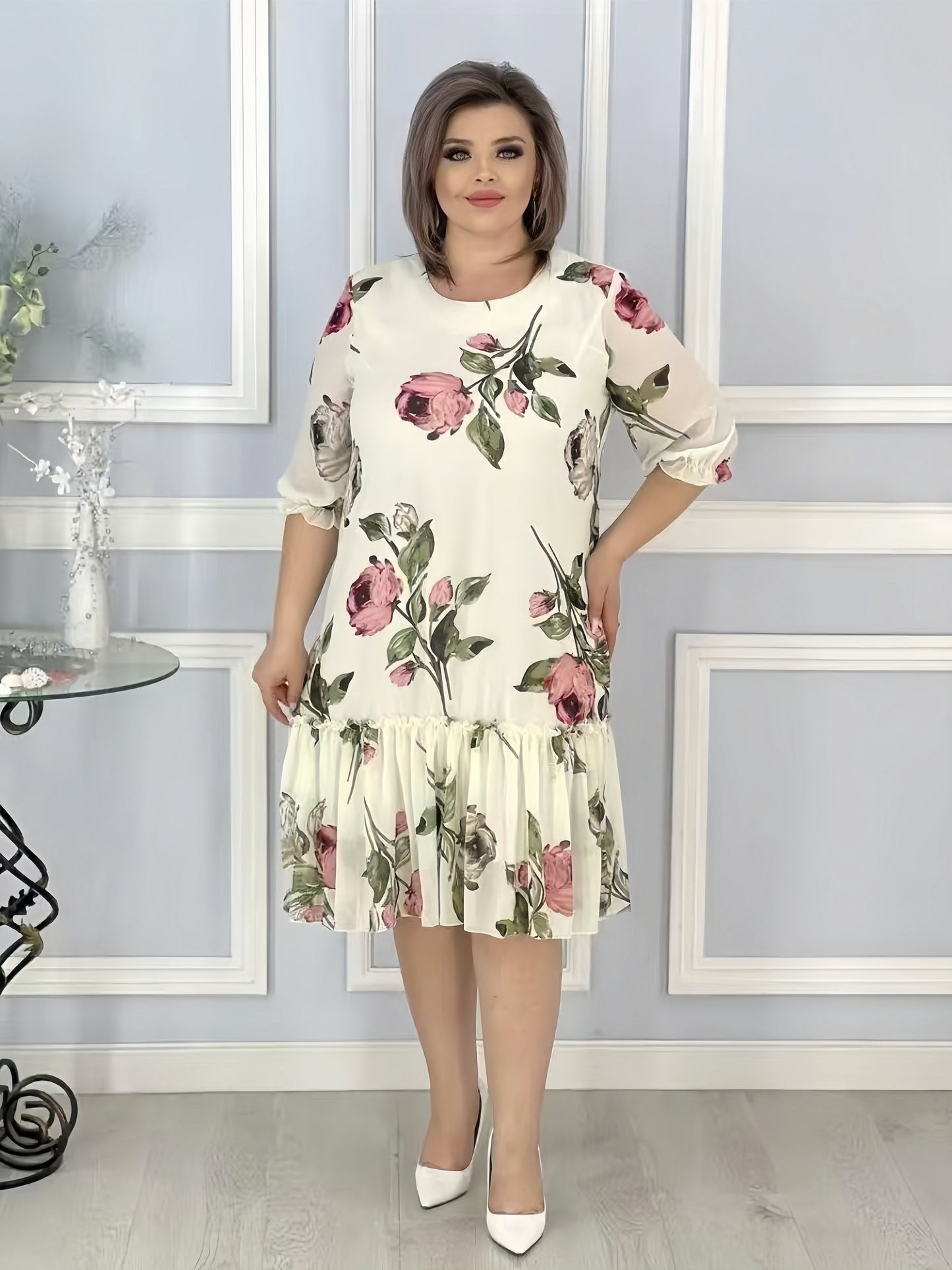 【2024-S-5XL】Nou Plus Dimensiune cinci puncte maneca Patchwork maneca sifon rochii