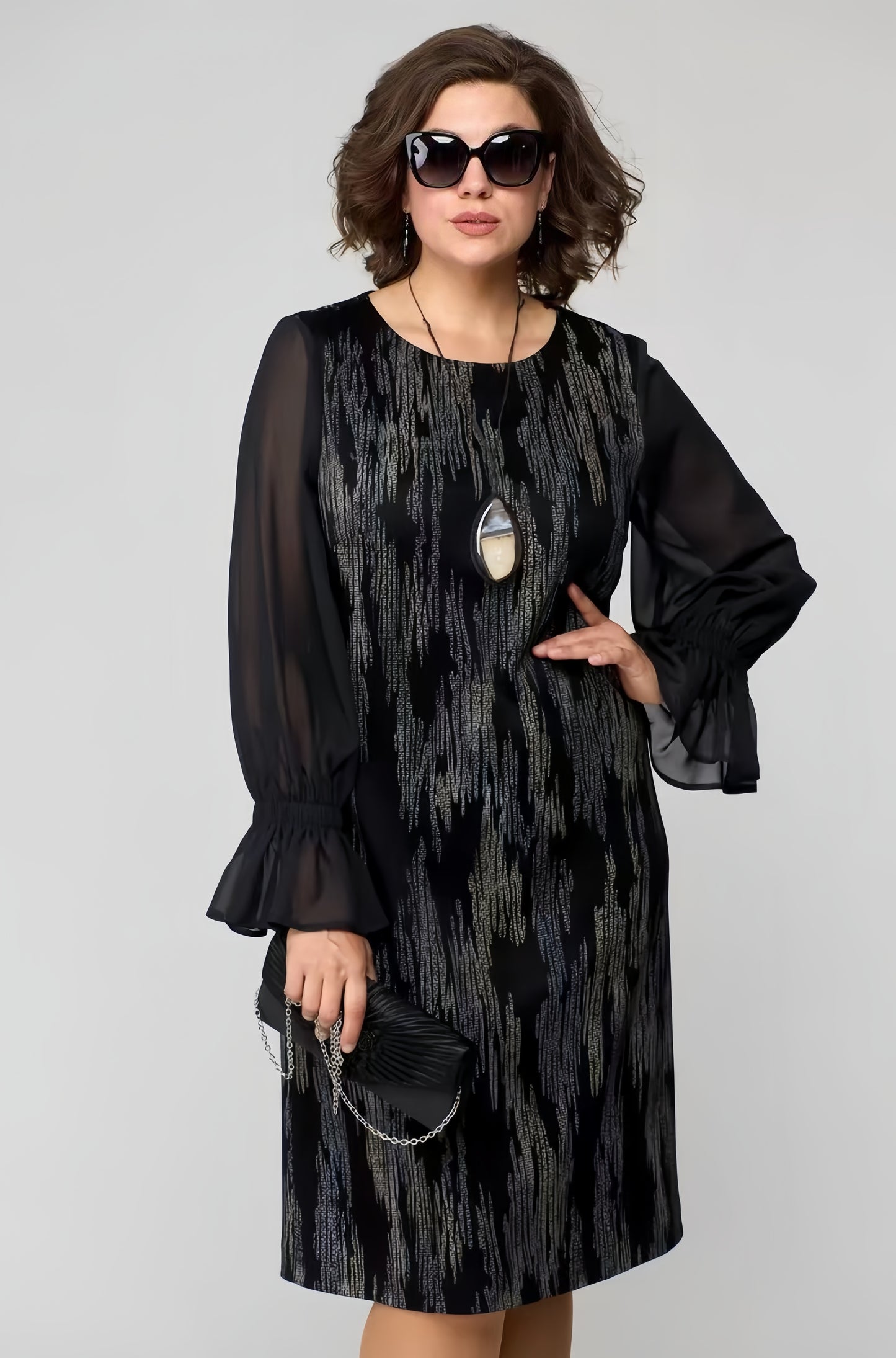 【2024-S-5XL】Rochie cu mânecă lungă, imprimată, cu paiete, din tifon, Slim Fit