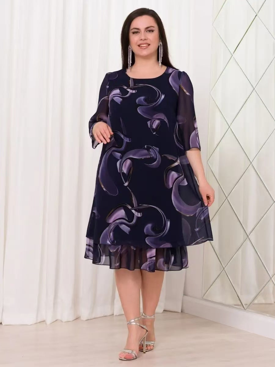 【2024-S-5XL】Rochii noi din sifon imprimate cu gât rotund de dimensiuni mari