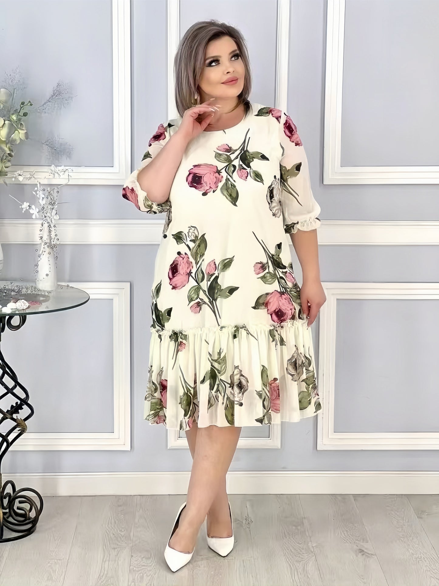 【2024-S-5XL】Nou Plus Dimensiune cinci puncte maneca Patchwork maneca sifon rochii