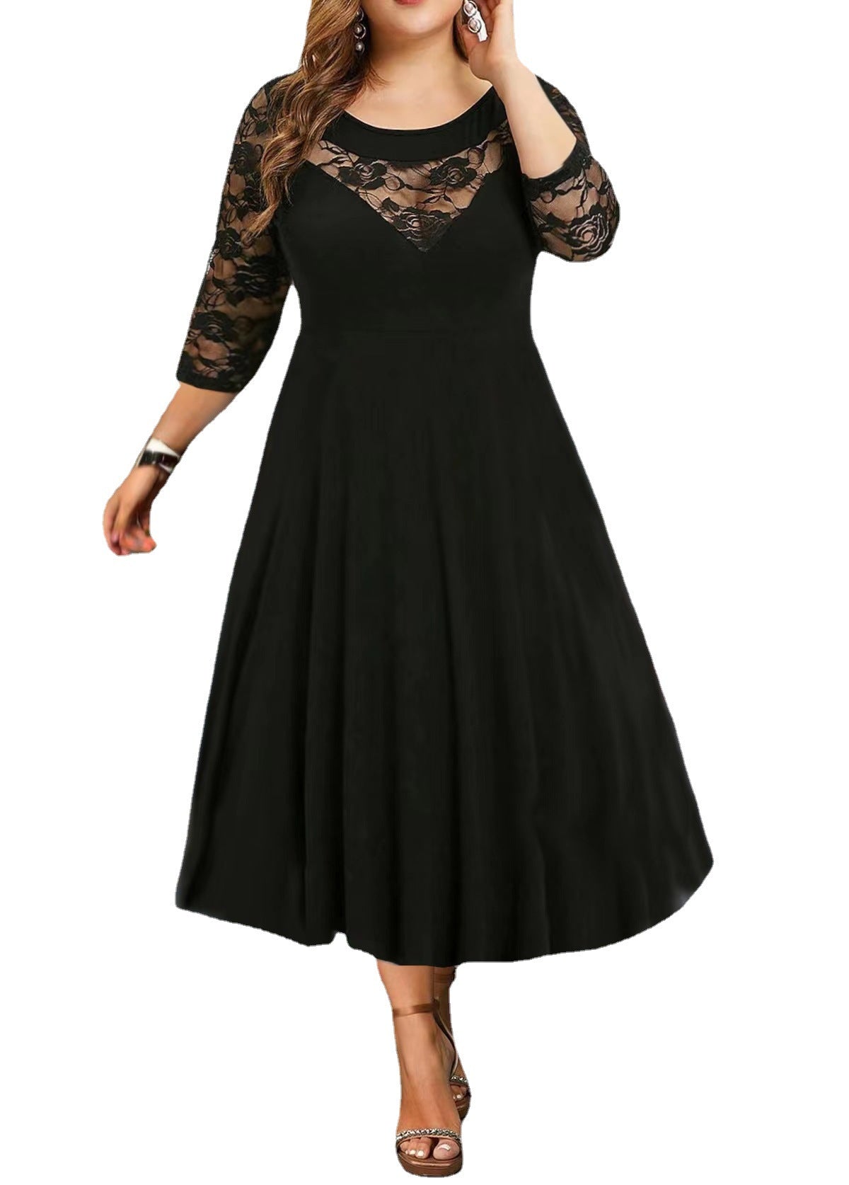 【2024-L-6XL】Lace Splicing primi talie mare Swing rochie rotund gât șapte maneca Plus Dimensiune rochii