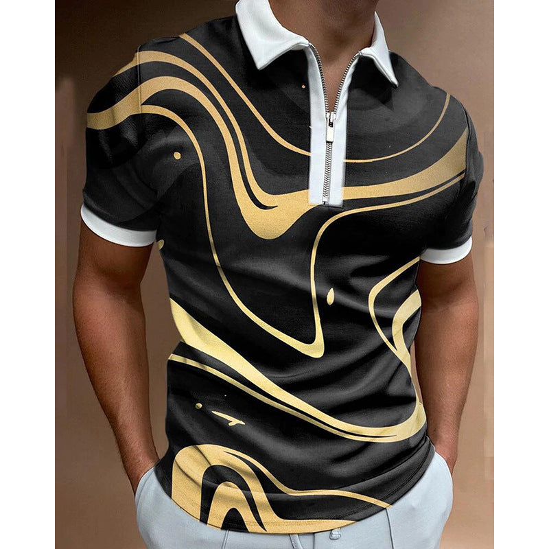 【S-5XL-2024】 Elemente de randare Maneci scurte imprimate Tricou POLO casual slim-fit cu fermoar