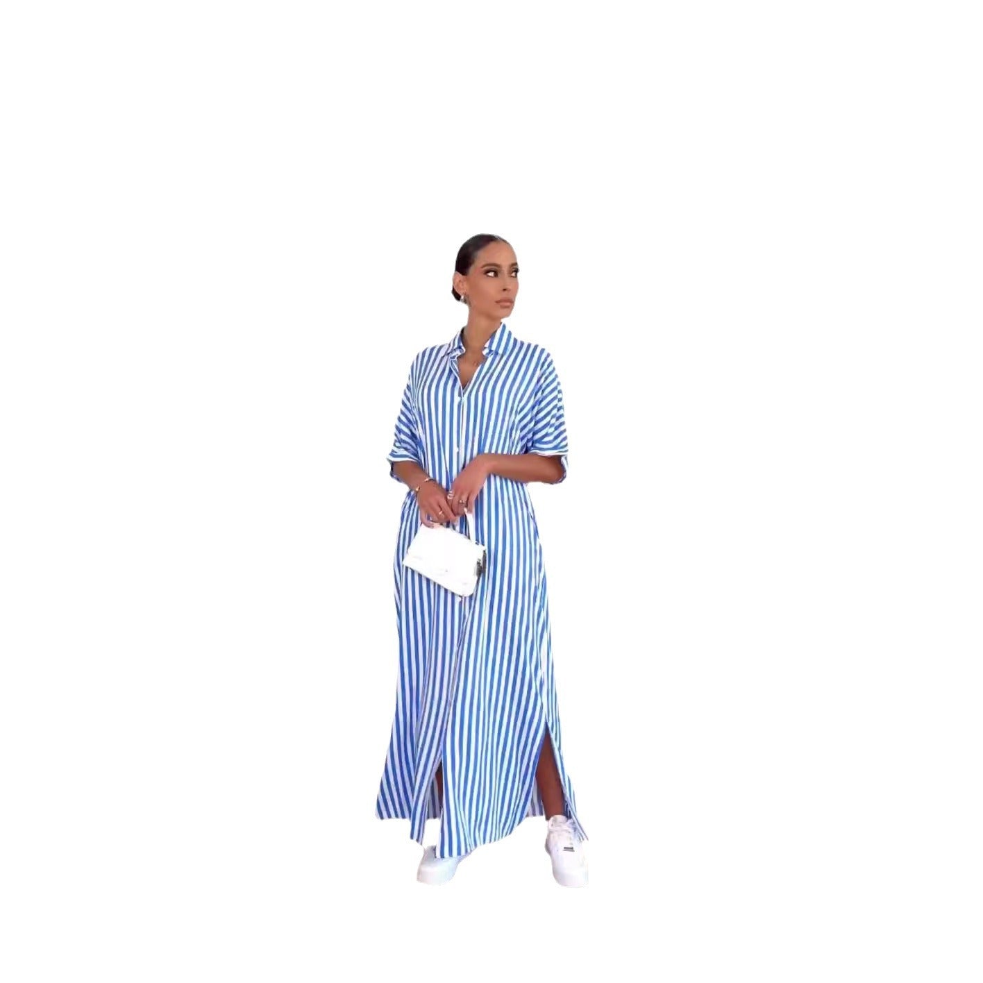 【S-XL-2024】New Vertical Stripe Loose Long Side Split Rochii