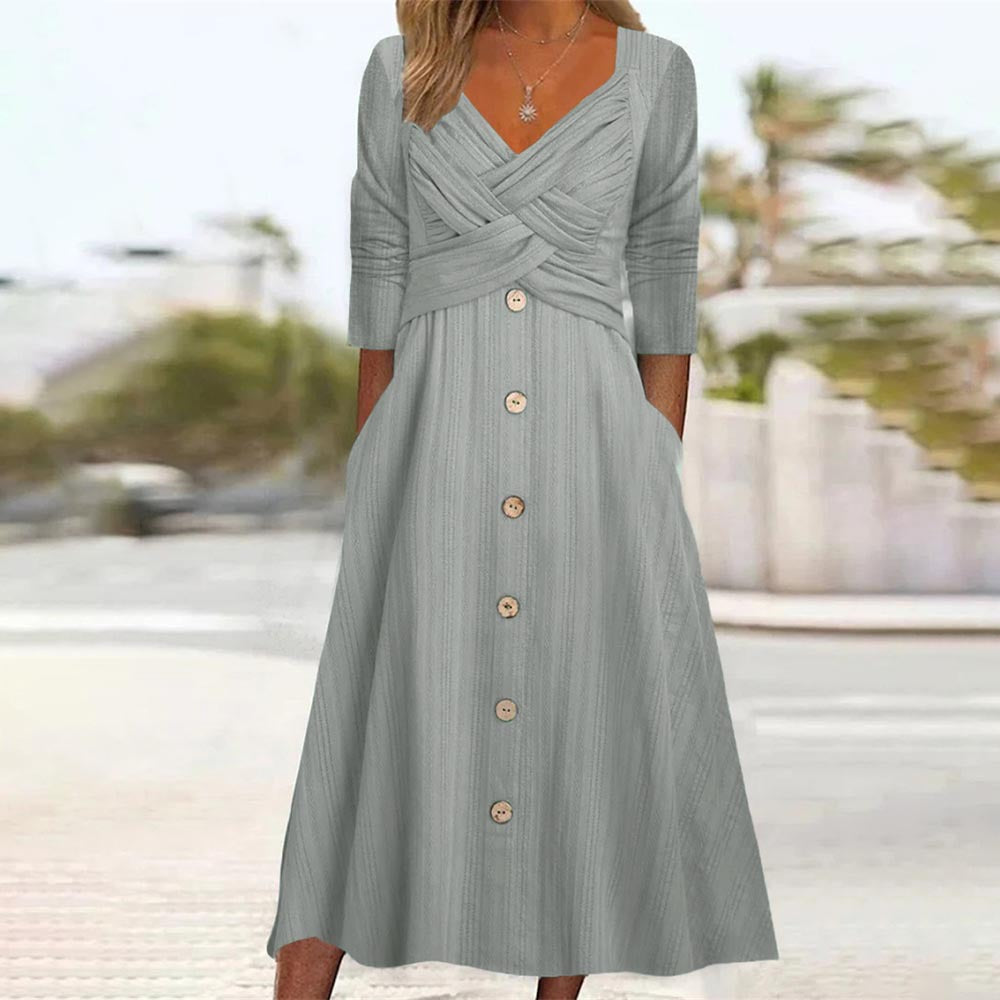 Femei de culoare solidă cu mânecă lungă V-neck cu nasture încrucișat rochie casual fustă lungă