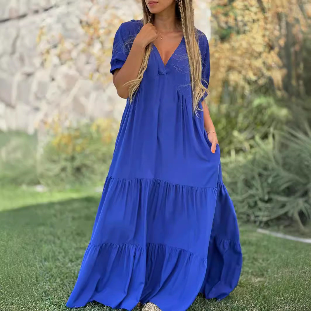 【2024-S-5XL】Noi femei de dimensiuni mari de moda casual V-neck rochii lungi
