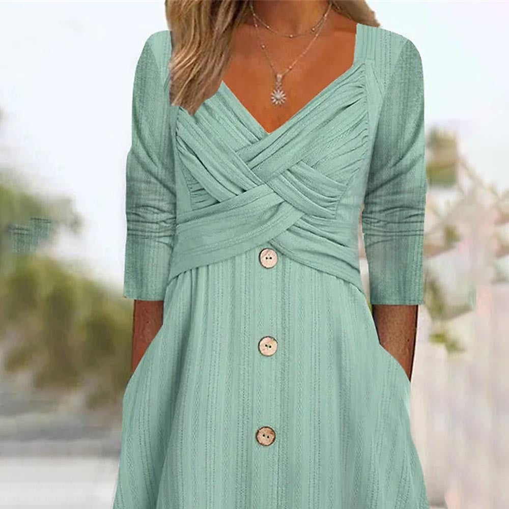 Femei de culoare solidă cu mânecă lungă V-neck cu nasture încrucișat rochie casual fustă lungă