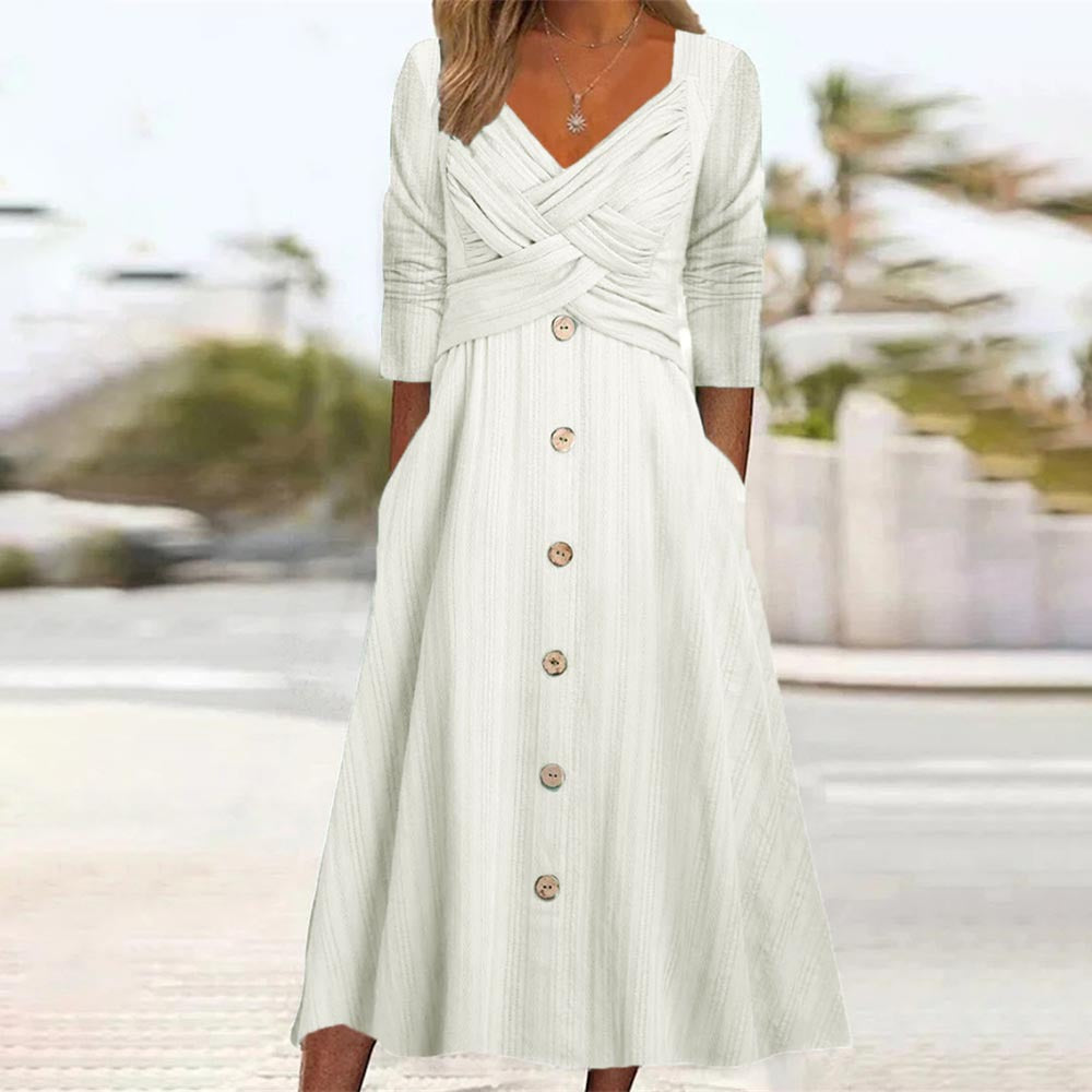 Femei de culoare solidă cu mânecă lungă V-neck cu nasture încrucișat rochie casual fustă lungă