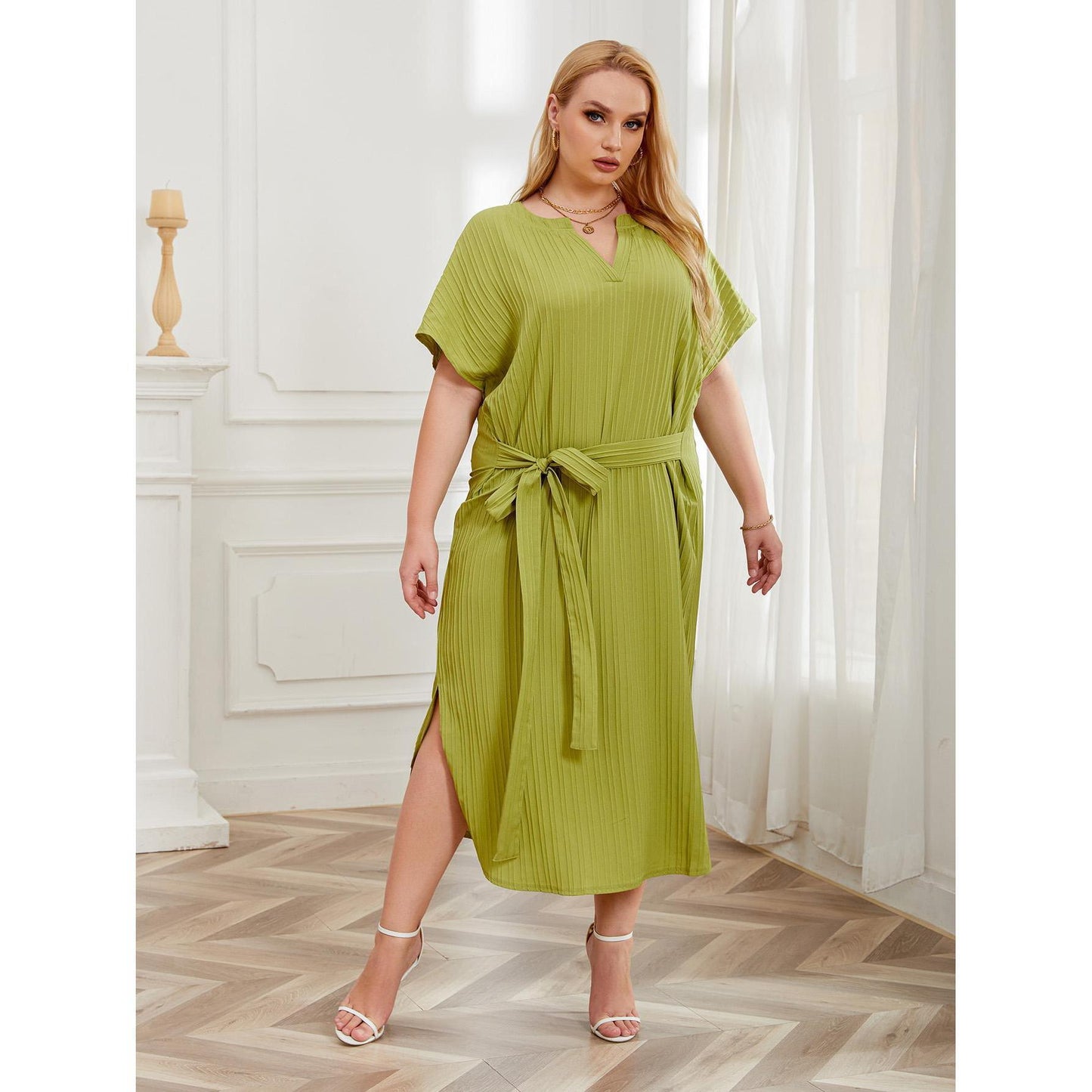 【XL-4XL-2024】Culoare solidă Rochii cu mânecă lejeră înfiletată Plus Dimensiune