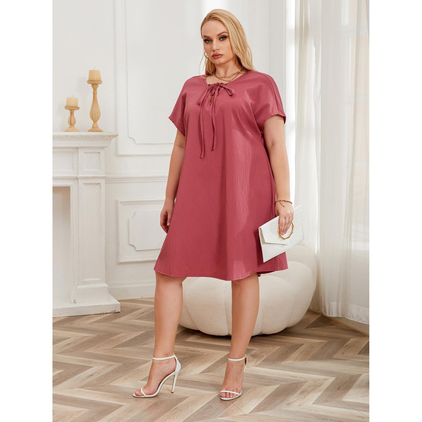 【XL-4XL-2024】Culoare solidă cu mânecă scurtă Moda Commuter Plus Dimensiune Rochii