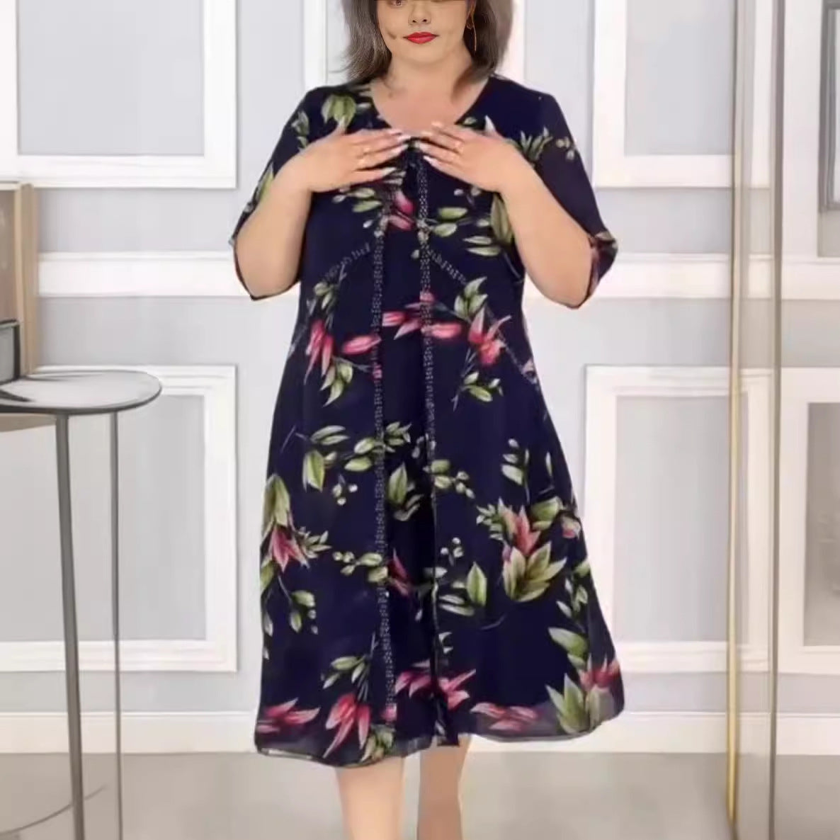 【S-5XL-2024】Vara nou gât rotund moda cu mânecă scurtă imprimate rochii