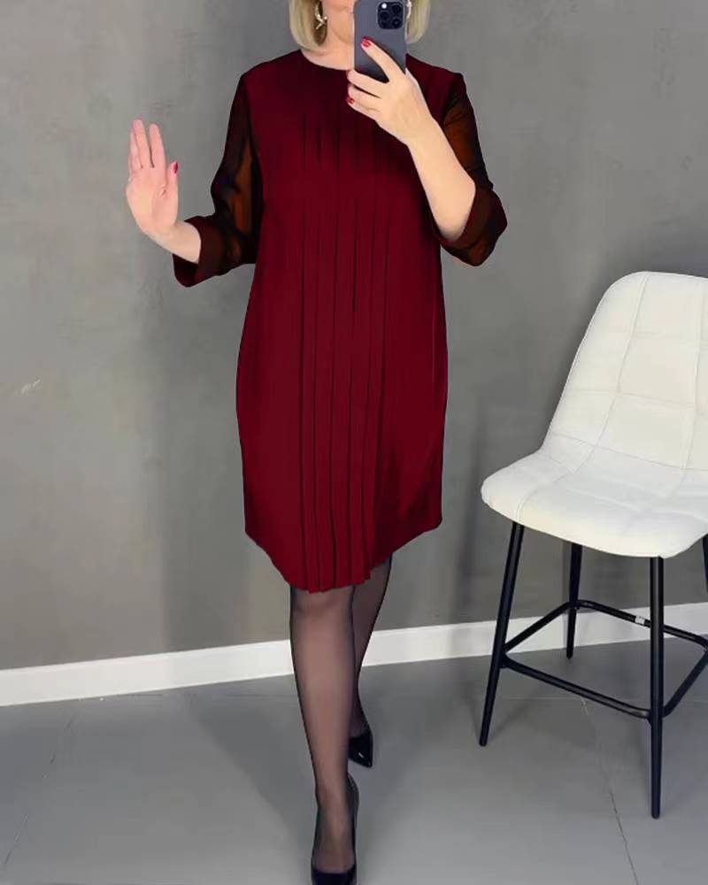 【S-3XL-2024】New Pleated Lace Sleeve Round Neck Long Sleeve Dresses