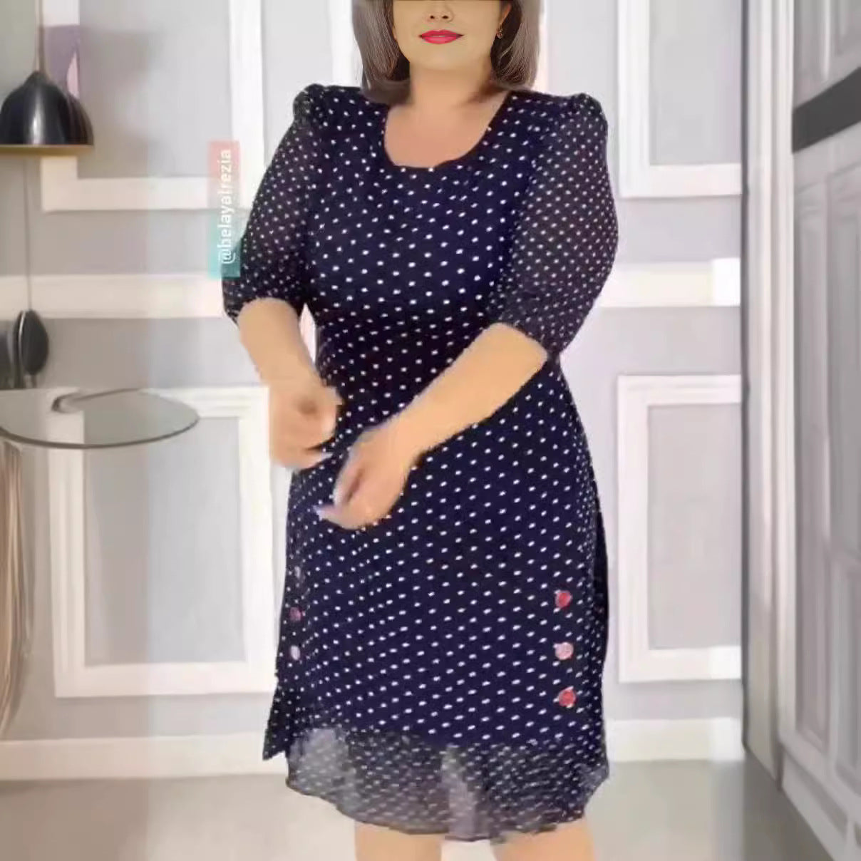 【S-5XL-2024】Vara nou gât rotund cu mânecă scurtă de lungime medie polka dot rochii