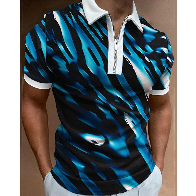 【S-5XL-2024】 Elemente de randare Maneci scurte imprimate Tricou POLO casual slim-fit cu fermoar