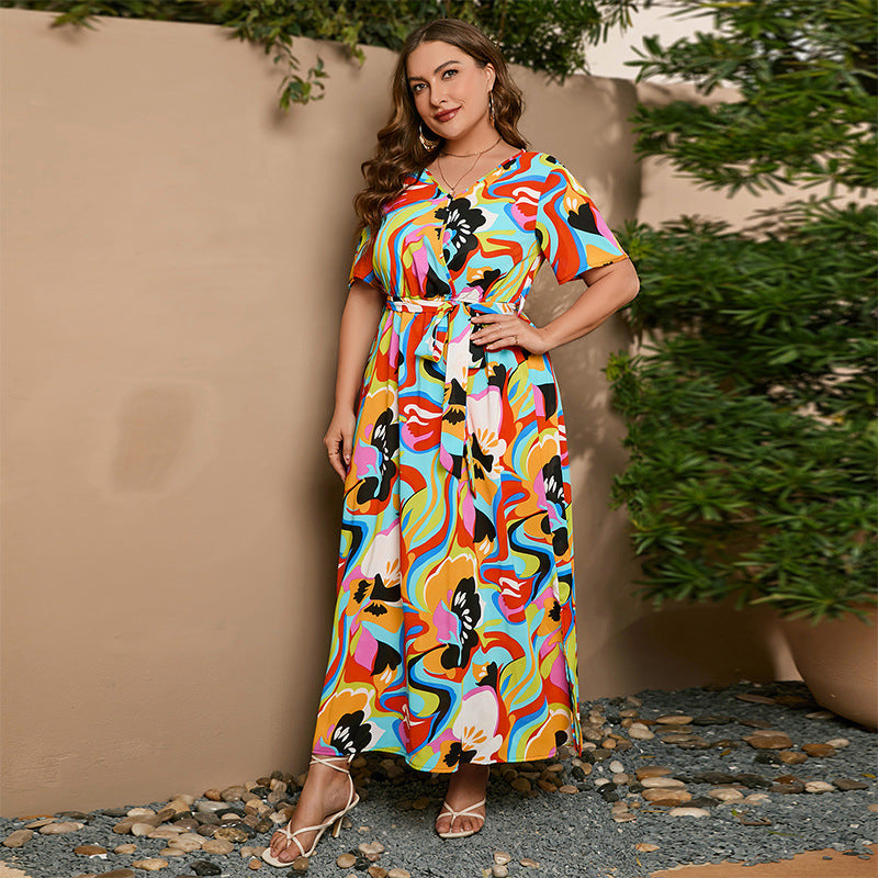 【2024-XL-5XL】Art Iluzie Plus Dimensiune rochie scurtă maneca sifon rochie lungă