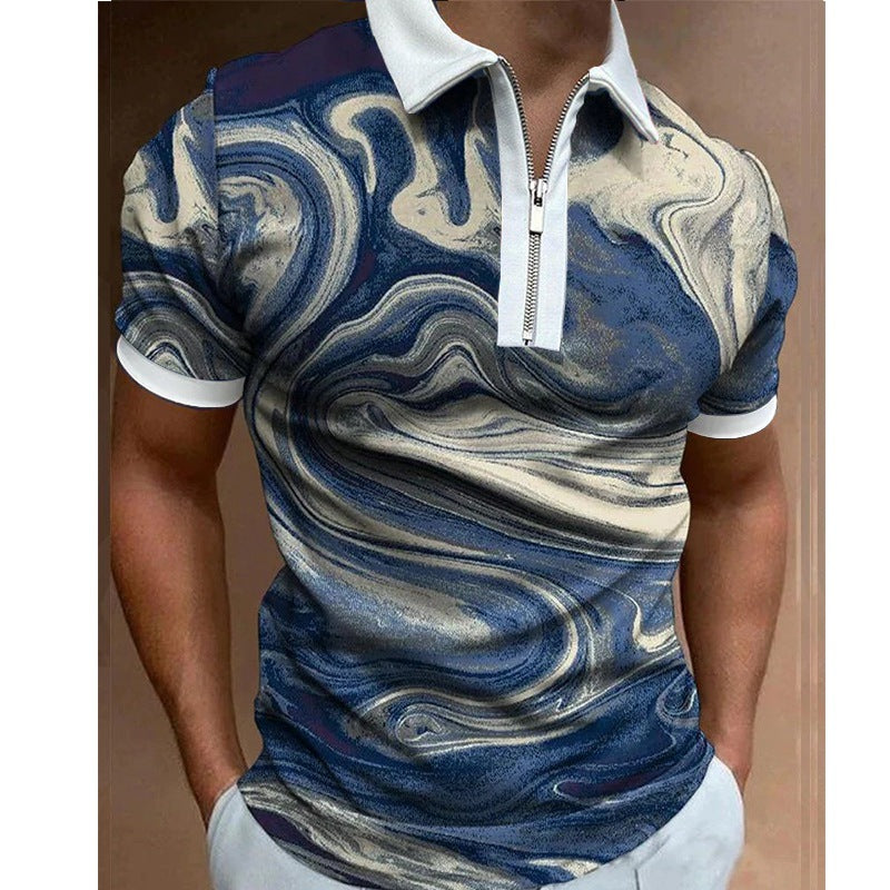 【S-5XL-2024】 Elemente de randare Maneci scurte imprimate Tricou POLO casual slim-fit cu fermoar