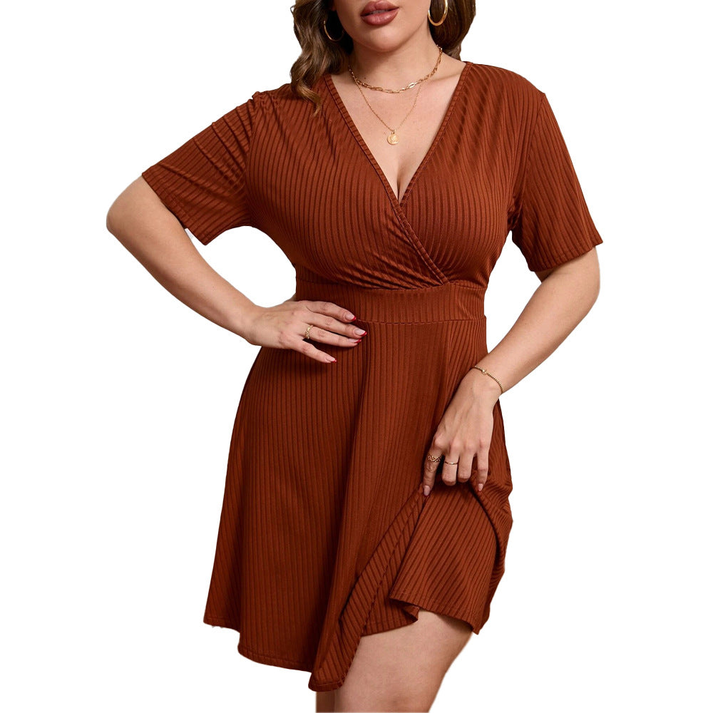 【XL-3XL-2024】New Deep V Waisted Short Sleeve Solid Colour Knitted Dresses